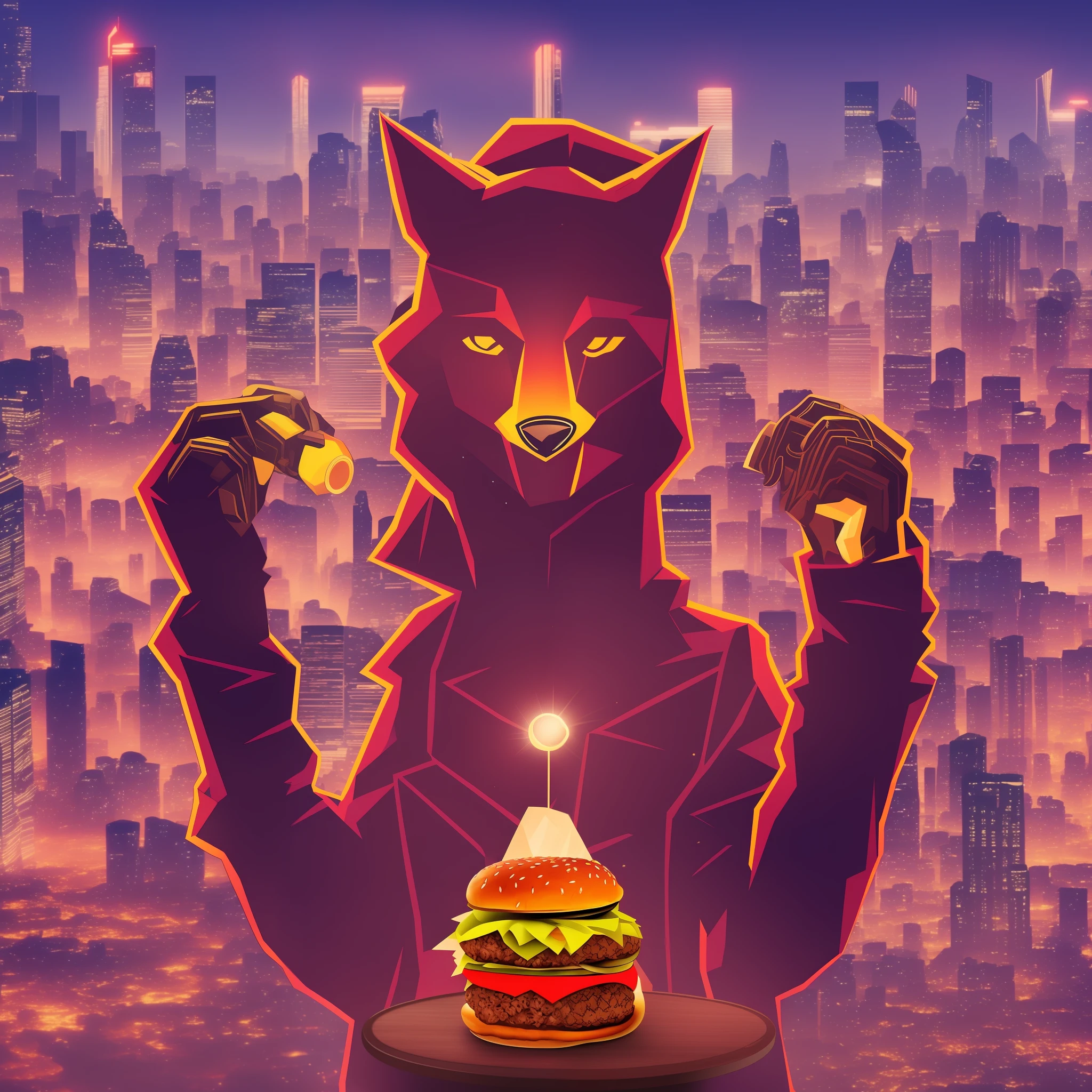 Fox eating hamburger with both hands, cyberpunk background, --auto --s2