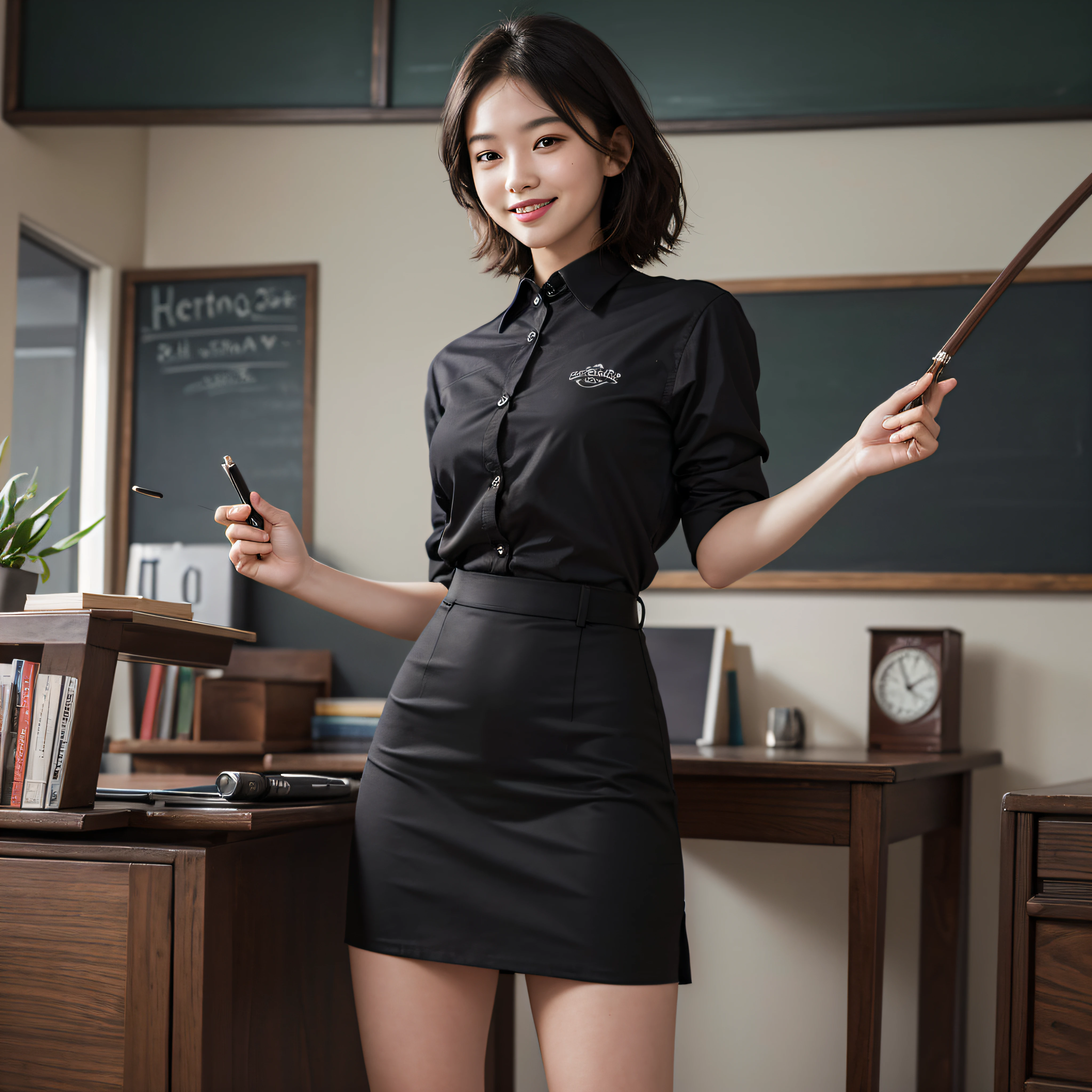 1 lady, standing in front of the blackboard with a teaching whip in hand, a book, a teacher, a short pencil skirt, black underwear, a translucent shirt, uniform, (masterpiece), (realism: 1.3), nfsw, ultra-detailed, (high detail skin: 1.2), (best quality: 1.0), (ultra-high resolution: 1.0) smile, ultra-realistic hands, full body, ultra-wide panorama, toothless smile, 