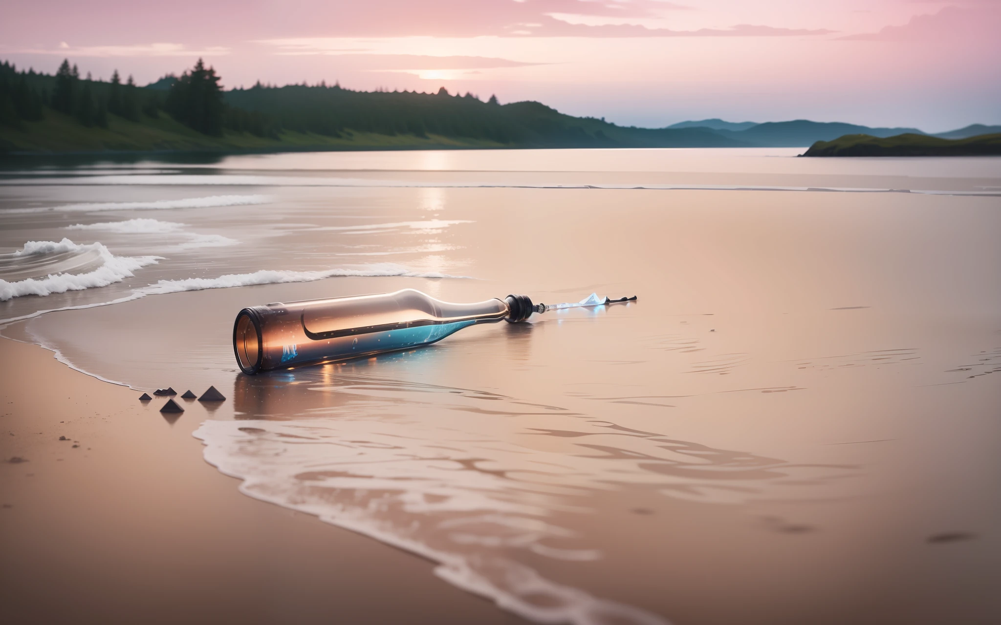 An 8K masterpiece with exquisite details, a drifting bottle full of dark colors floats to atmospheric note-like music and contains paper full of secrets.