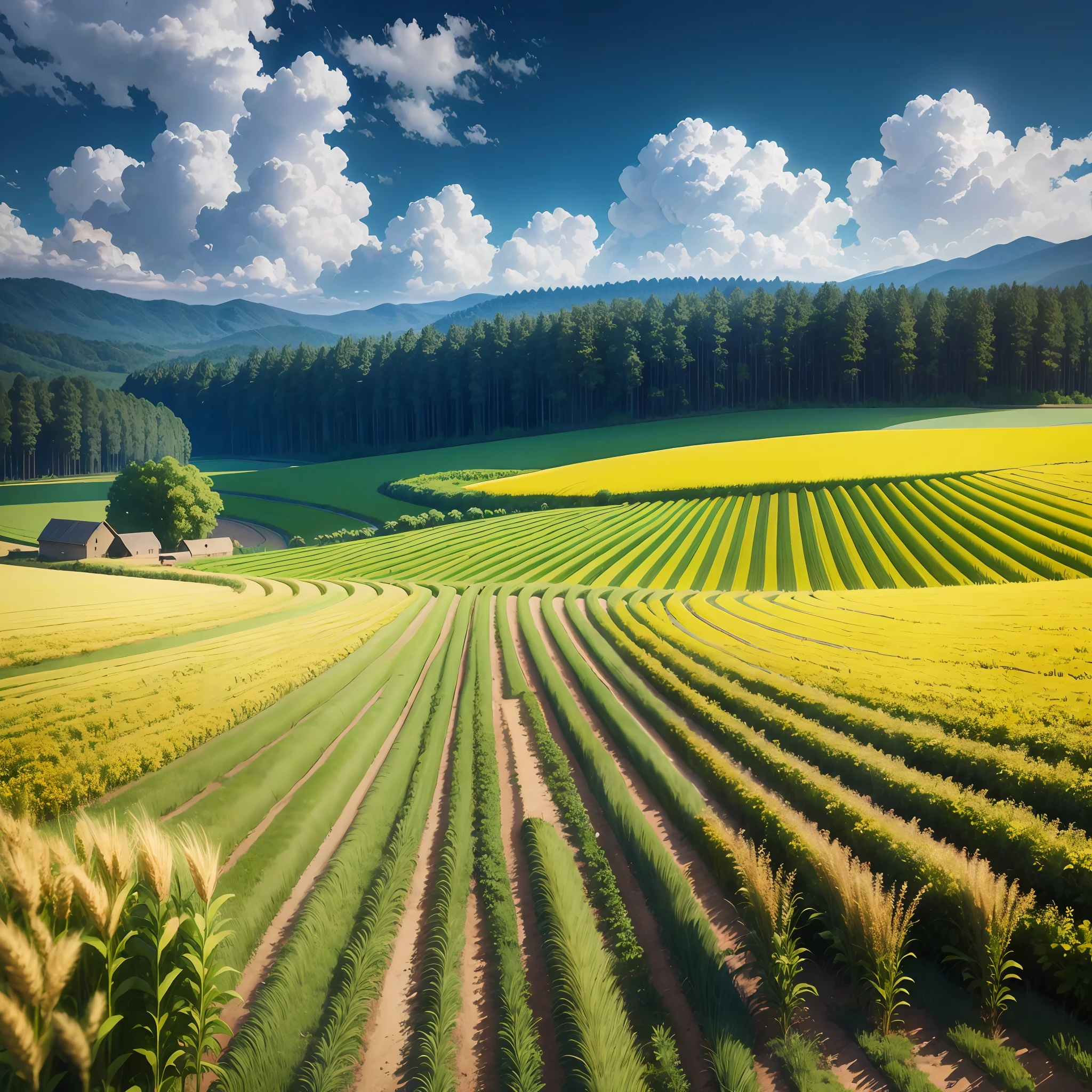 HD detail, hyper-detail, cinematic, surrealism, soft light, deep field focus bokeh, ray tracing and surrealism, wheat field, several harvesters, a farmer uncle with a straw hat standing in a wheat field, big clouds, blue sky, rice fields, neat rice seedlings in the field, forest, hillside, secluded, countryside. --auto --v6 --s2