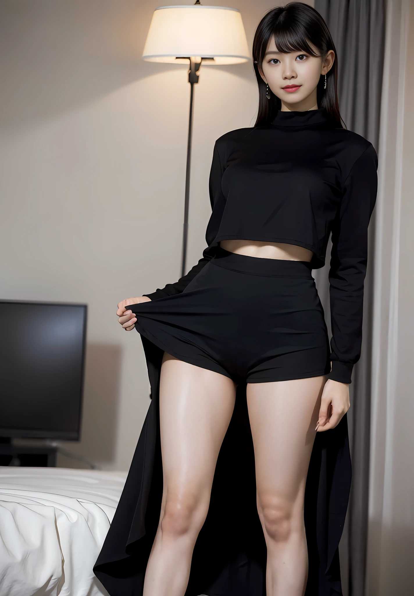 masterpiece, masterpiece, best quality, best quality, real, unity, 8k wallpaper, official art, highly detailed cg unity 8k wallpaper, ulzzang-6500, one girl, cute, professional lighting, ((glossy, long black spandex shorts: 1.37)), long hair, uniform, pleated skirt, random posture, (original: 1.2), (real: 1.4), super detailed, High resolution、ultra detail,amazing, fine detail, cinematic lighting, simple costumes, detailed clothing textures. (8k, RAW photo, highest quality, masterpiece: 1.27), (realistic, photorealistic: 1.37), physically based rendering, handsome, masterpiece, highest quality, high resolution,