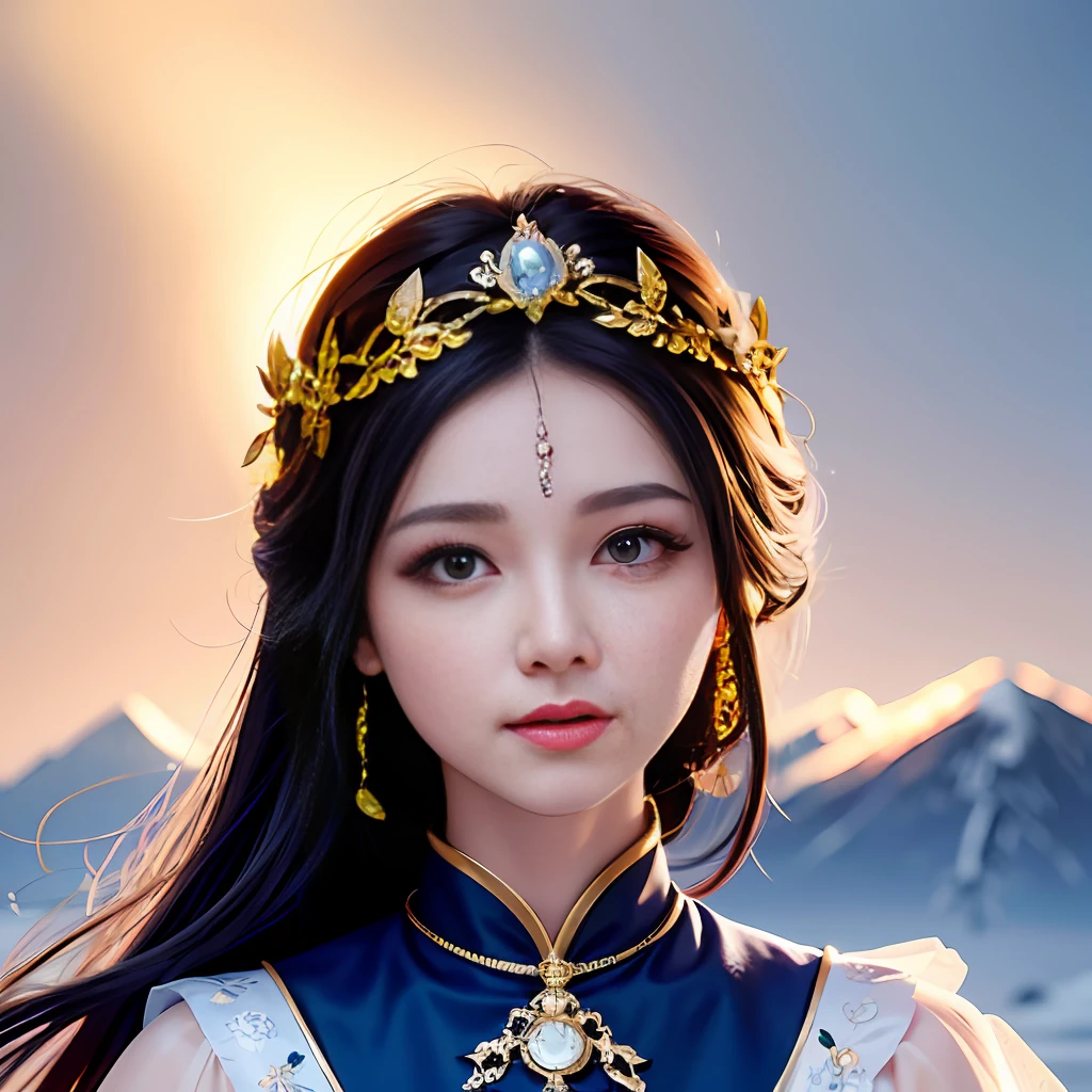 1 girl, (extreme skin shine: 1.4), (extreme light and shadow changes), (gorgeous costumes: 1.5), (delicate face and eyes: 1.3), (shiny colored eyes: 1.5), intricate hair decoration. The girl in the painting is dressed in court clothes, as if to set off the snow-white face more delicate. She tilted her head slightly, her eyes calm, and she seemed to be thinking about something. The mountains and sky in the background are depicted in detail, making the whole painting more realistic. (Realism: 1.3), (Extreme Complexity: 1.2), (Realistic Photos: 1.3), (Surrealism: 1.4), Volumetric Lighting, Film Lighting, Film Effects, Girl Portrait, 8k.