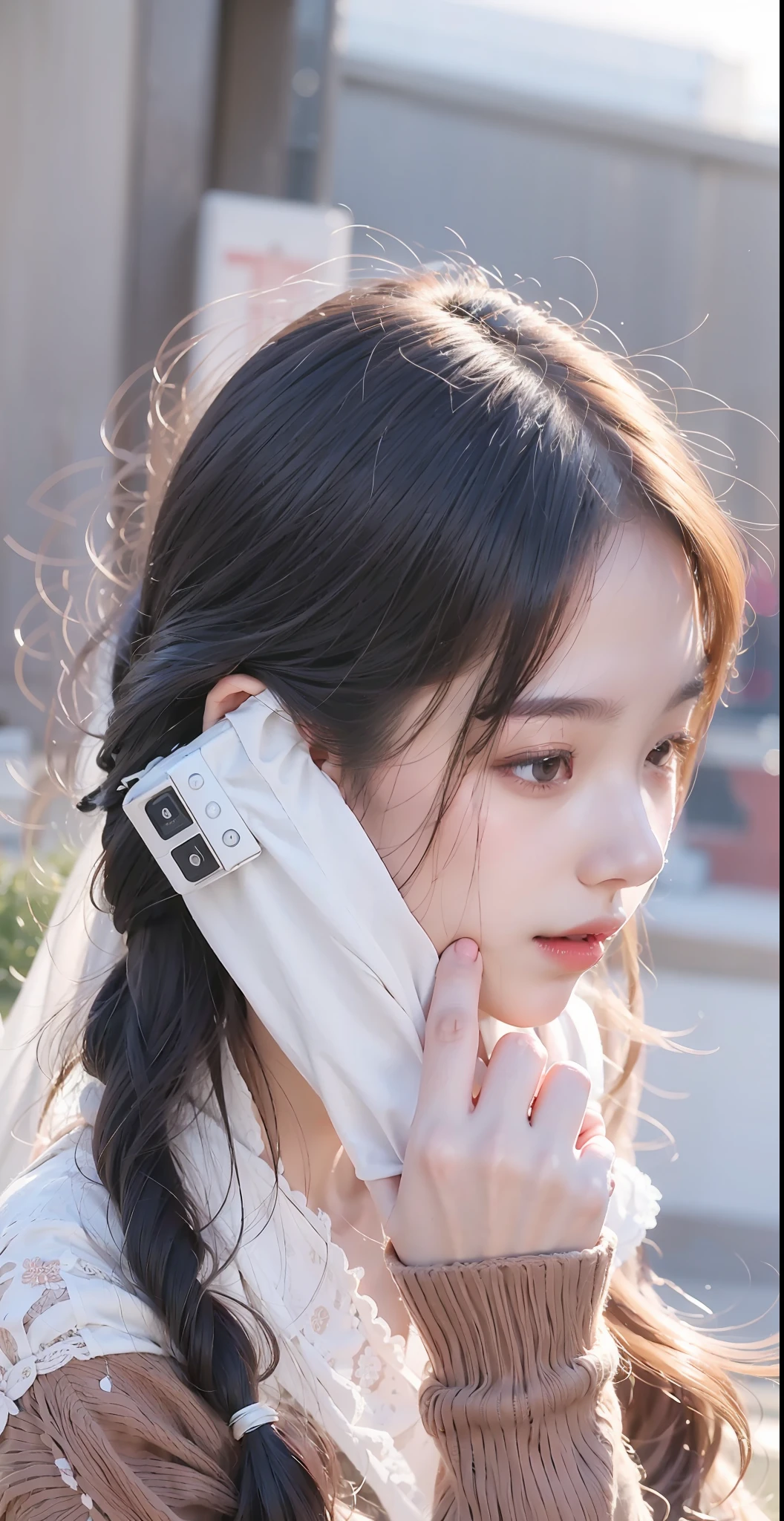 (Best Quality Detail: 1.2), (Realistic: 1.4), Beautiful Woman, Telephone, Sweater, Depth of Field, Large Aperture, Sunlight, Warm Color, Delicate Beautiful and Delicate Face,