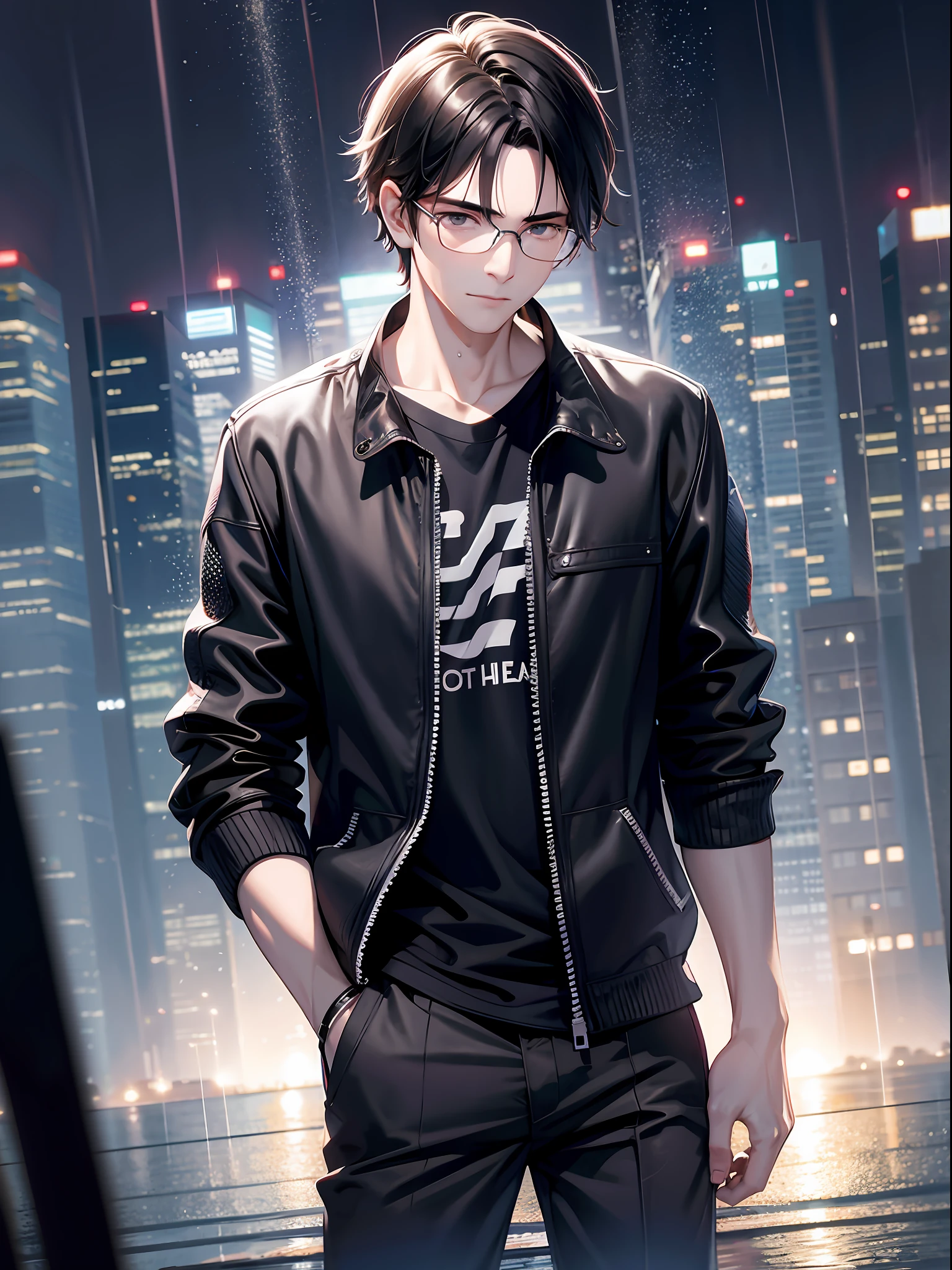a ager male, black hair, wear glasses, shirt, pants, dark night, heavy rain, lake, fog, lonely, eye reflection, streaming tears, panorama, ray tracing, reflection light, chiaroscuro, cinematic lighting, depth of field, masterpiece, best quality, high details, highres, ccurate, textured skin, high quality, UHD, HD