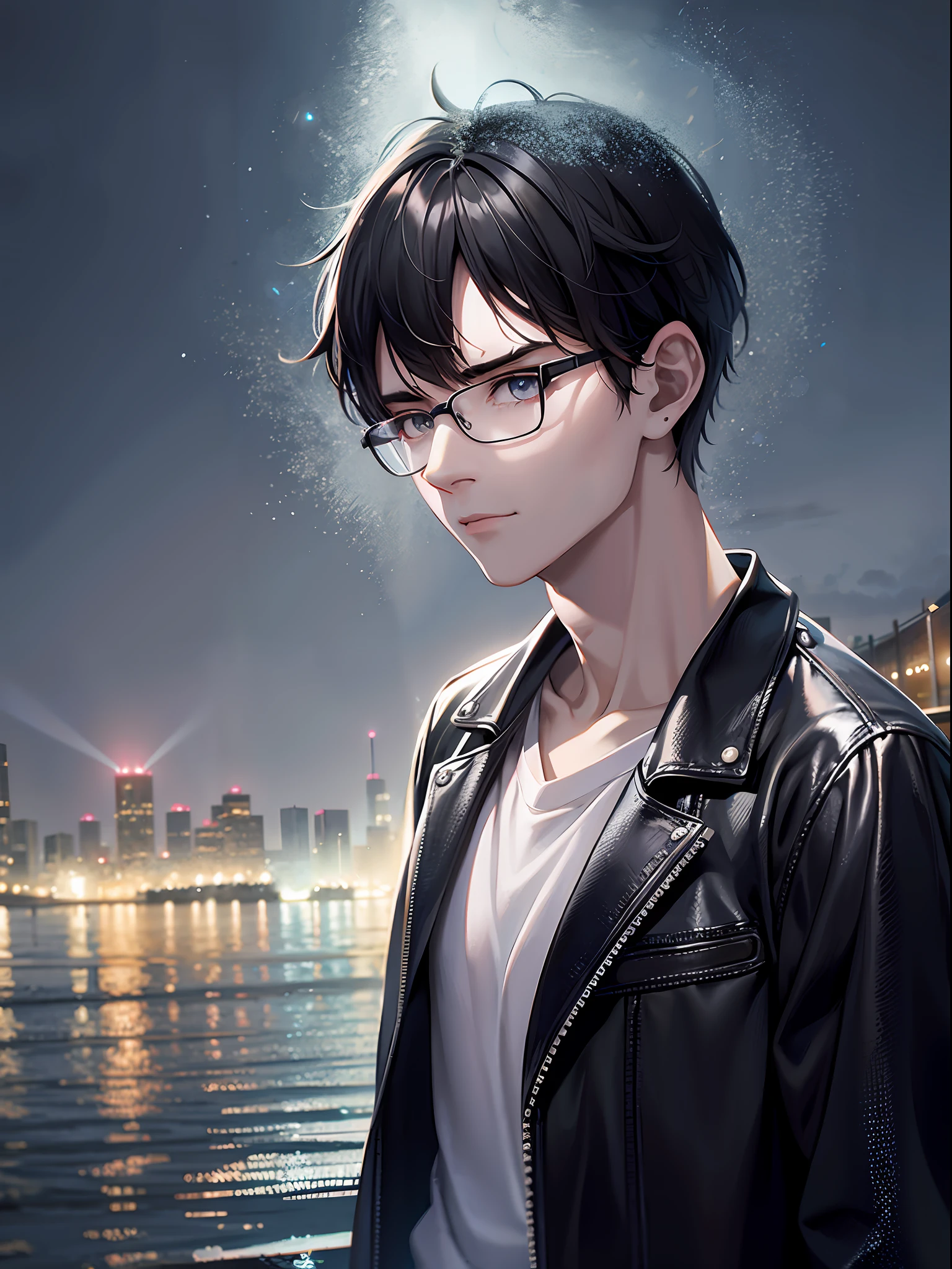 a teenager male, black hair, wear glasses, shirt, pants, dark night, heavy rain, lake, fog, lonely, eye reflection, streaming tears, panorama, ray tracing, reflection light, chiaroscuro, cinematic lighting, depth of field, masterpiece, best quality, high details, highres, ccurate, textured skin, high quality, UHD, HD