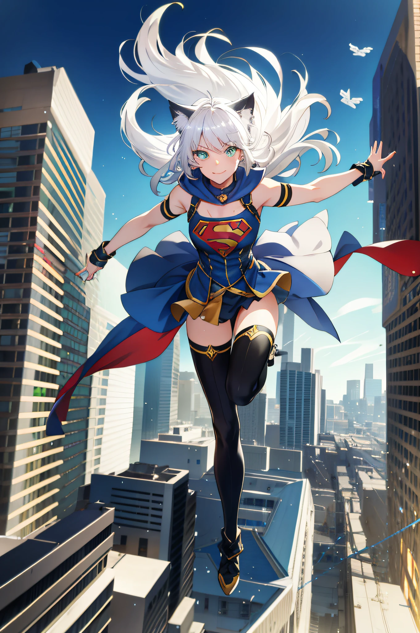 platinum hair, catgirl, cat ears, 1girl, solo, long hair, medium breasts, light green eyes, smile, standing, dynamic pose, 8k, masterpiece, best quality, absurdres, perfect anatomy, cinematic lighting, cowboy shot, (supergirl costume:1.1), (flying, flying over city:1.2), concerned