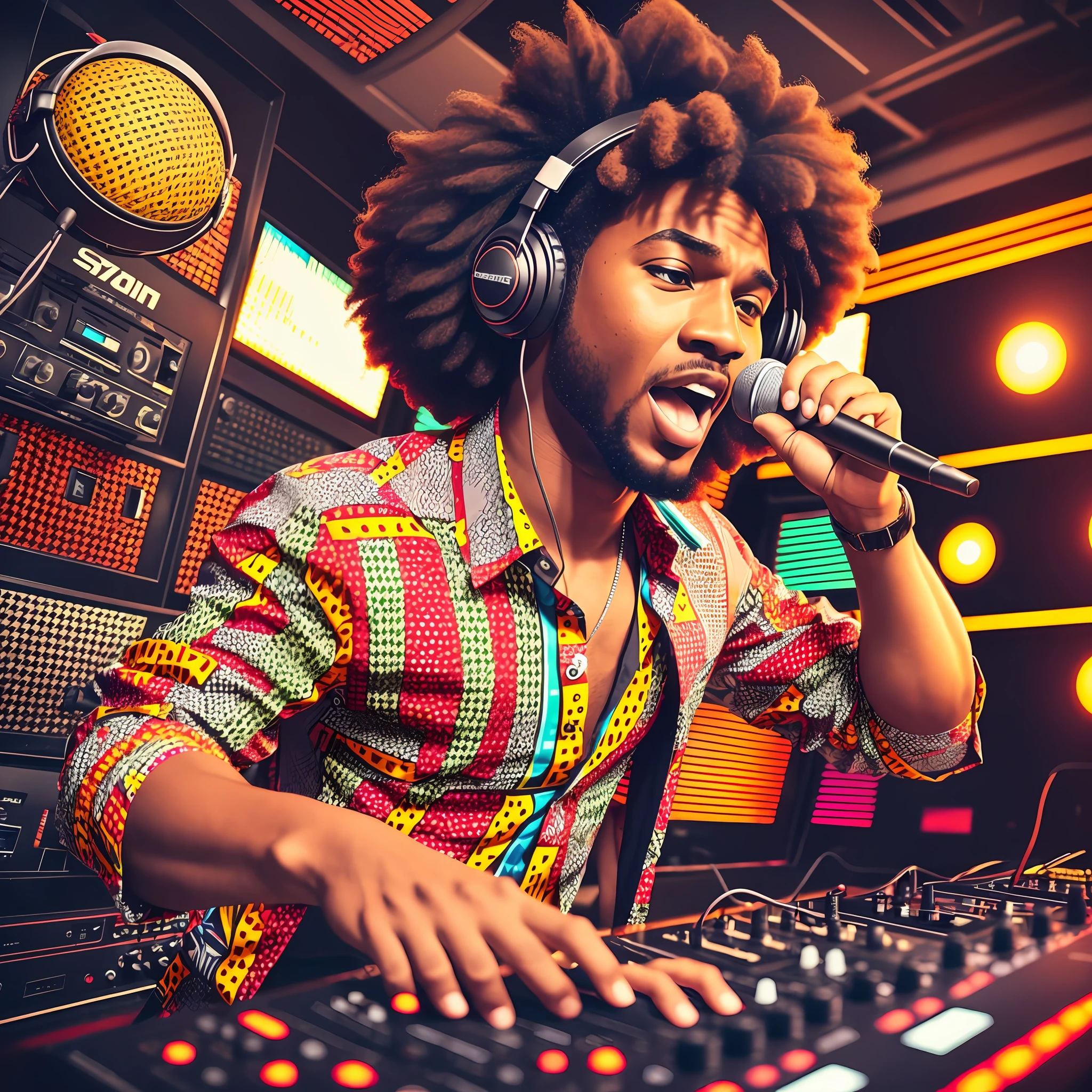 Male DJ, radio station, afro hair, 70's snappy patterned shirt, headphones, big classic microphone, screaming into the mic, song introduction, Let's Go --auto --s2