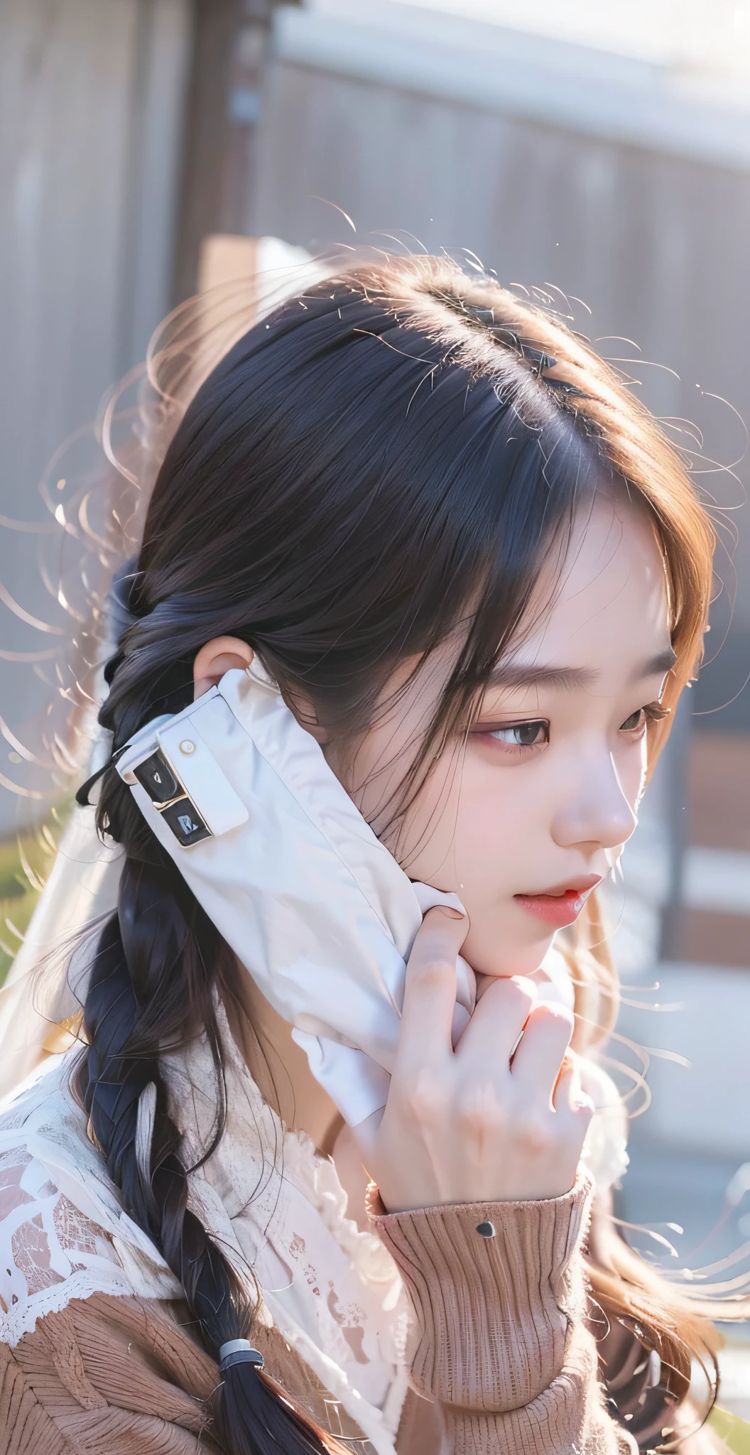 (Best Quality Detail: 1.2), (Realistic: 1.4), Beautiful Woman, Telephone, Sweater, Depth of Field, Large Aperture, Sunlight, Warm Color, Delicate Beautiful and Delicate Face,