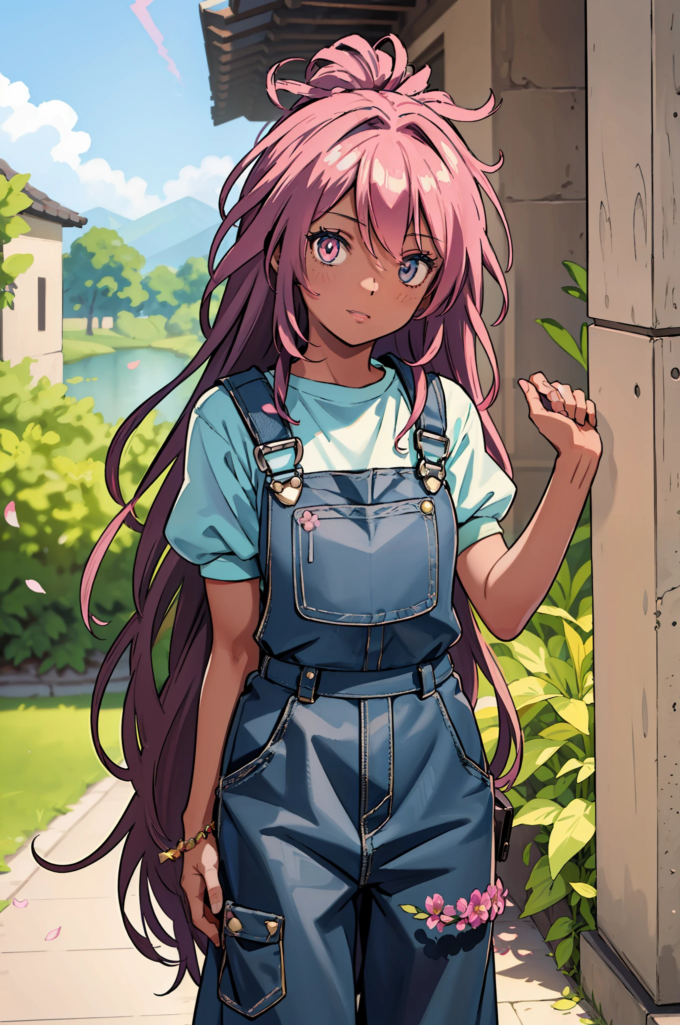 ((1girl, black girl, dark skin,)) melanin, (pink hair) pink hair locks, long hair in locks,dreadlock,Locks hairstyle, she wears a ((black overalls)) with shorts and a ((teal-colored tee shirt underneath, the tee has puffy sleeves.)) beautiful flower on her head. she can bewitch ((spirits and ghosts,)) modern mage, magical cute, the background is full of plants and leaves, and a couple of flowers and petals, you can see the sky and a big shining sun behind her. cinematic lighting, best shadows, ((masterpiece)),