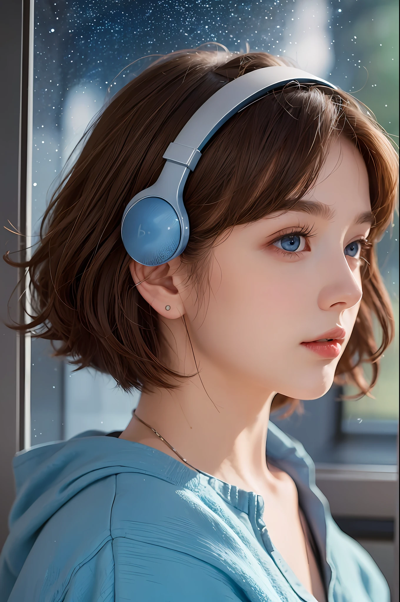 top quality, masterpiece, (realistic: 1.2), 1 girl, brown hair, short hair, blue eyes, profile, upper body, wearing headphones, holding a pen, dark room with window, detailed face, beautiful eyes, starry sky --auto --s2