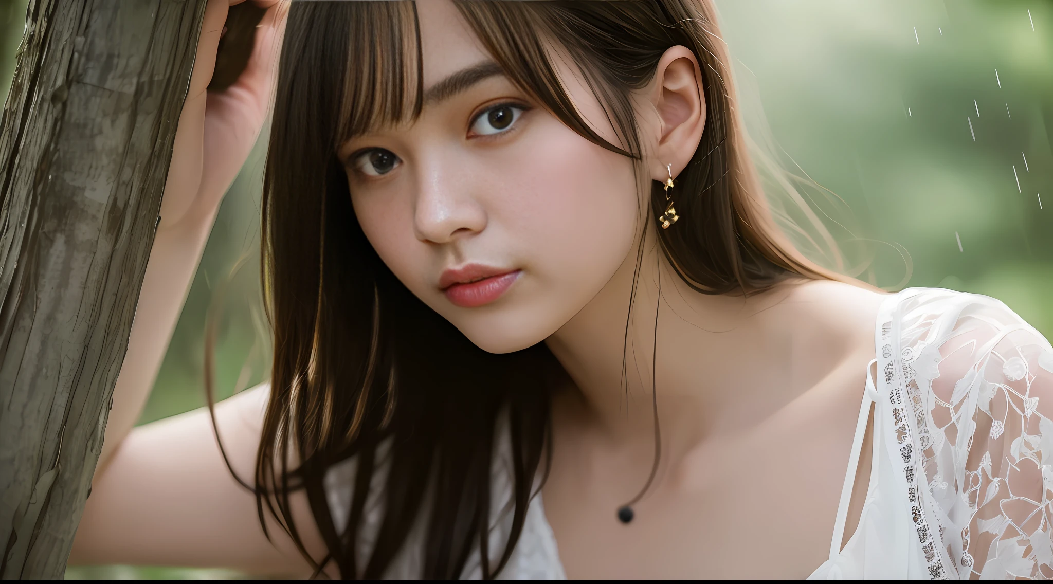 Stunning close-up portrait of a young and beautiful woman with RAW, analog style and impressive features. She should have long, flowing hair, a seductive gaze, and an attractive look. The background is neutral and simple, allowing the woman to be the focal point of the image. Pay attention to details, such as highlights and shadows on her face and hair, to create realistic and realistic images. Experiment with different lighting techniques to enhance the mood and atmosphere of your portrait. The final product should be a masterpiece that captures the essence and beauty of women ((Highly detailed skin, skin details)), Sharp Focus, Volumetric Fog, 8K, UHD, DSLR, High Quality, Film Grain, FUJIFILM XT3, Camisole Dress, Hemp Dress, Floral Pattern, Washed Dress, Chest Lace Dress, short cut hair, disheveled hair, rainy summer festival, rain, green, forest, wind, big, thin face, beautiful forest, small flowers,
