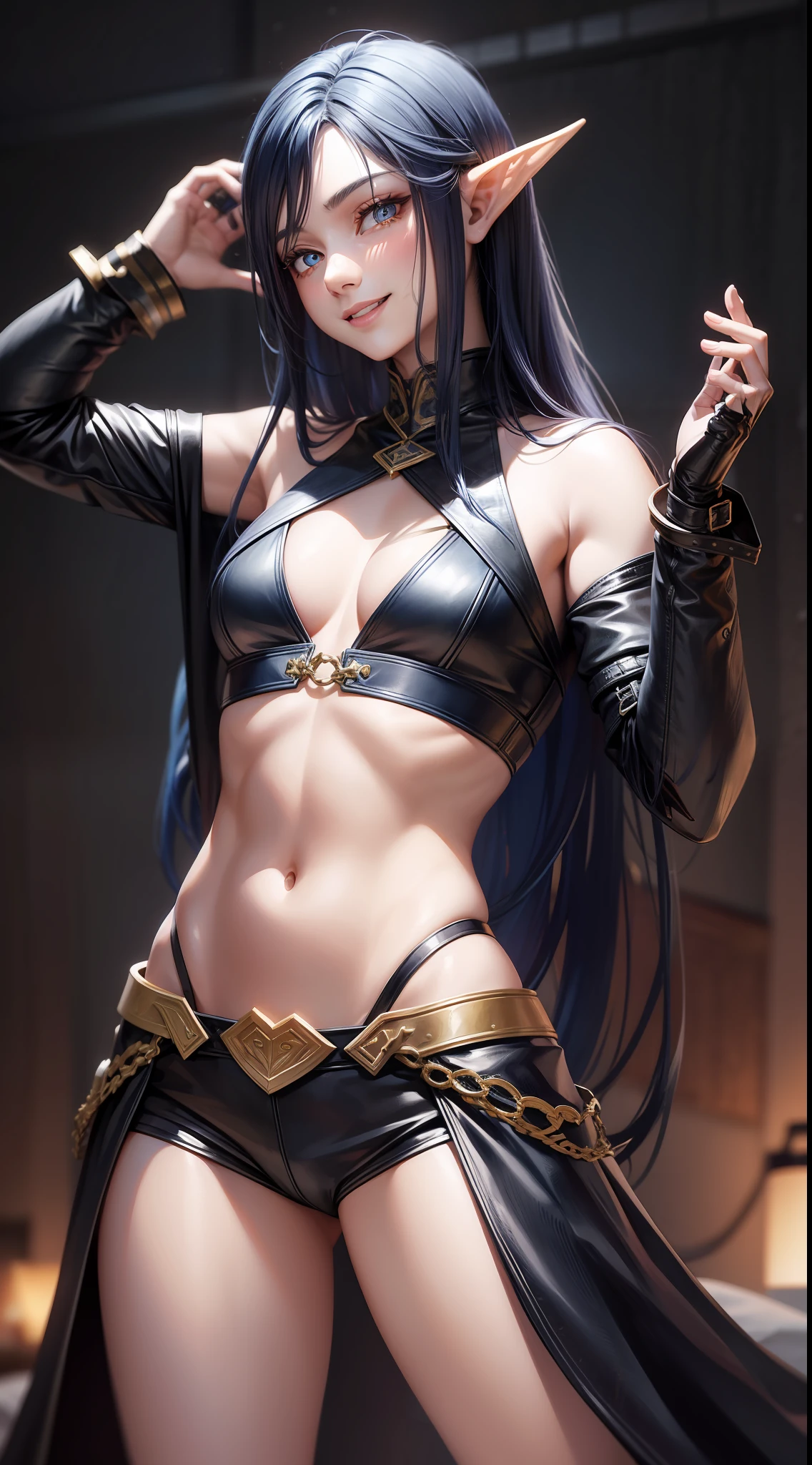 Young guy, long dark blue hair, amber eyes, elven ears, leather top, smile, open belly, open hands, masterpiece, high quality