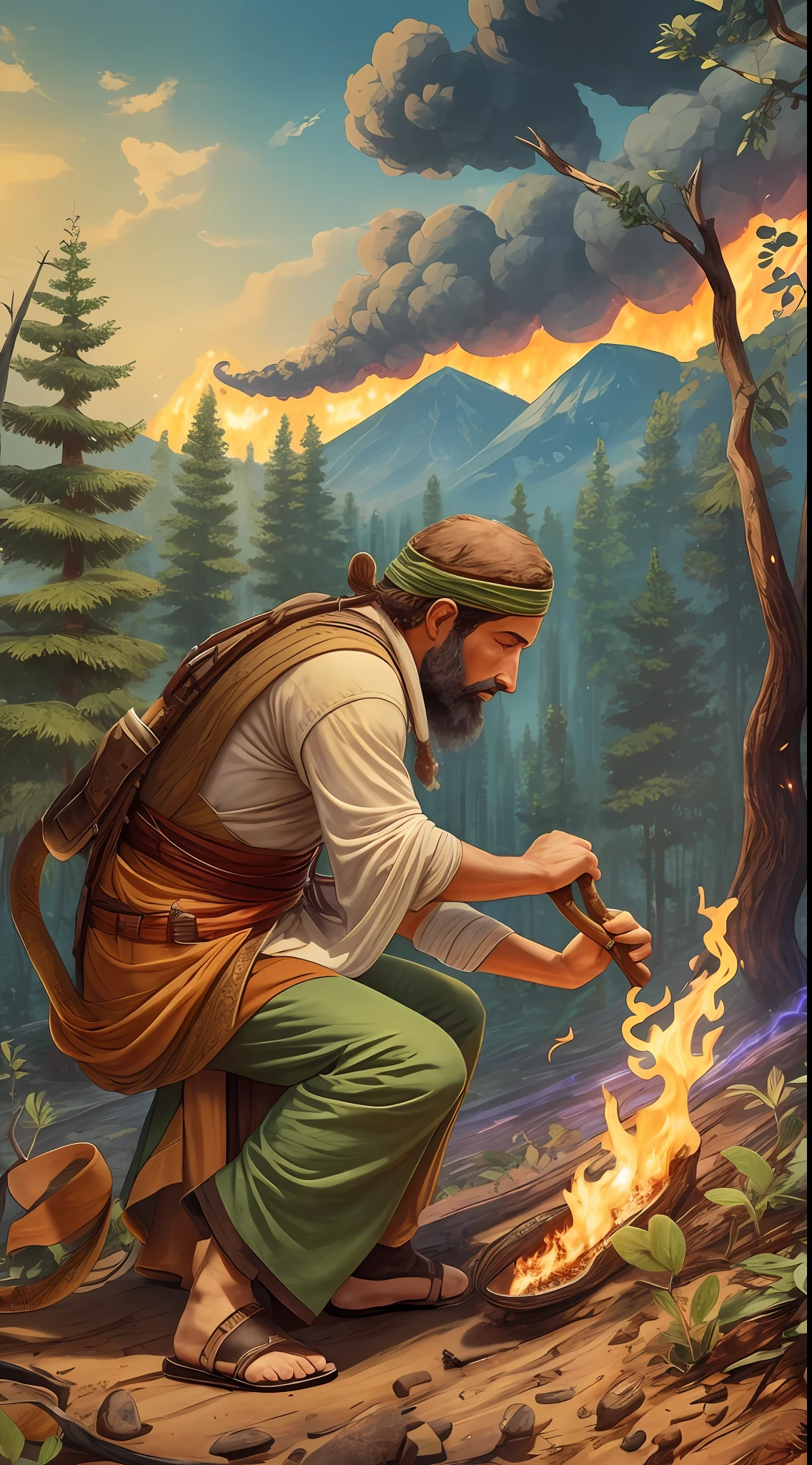 A sage trying to help a snake that is having its tail burned in a forest fire --auto --s2
