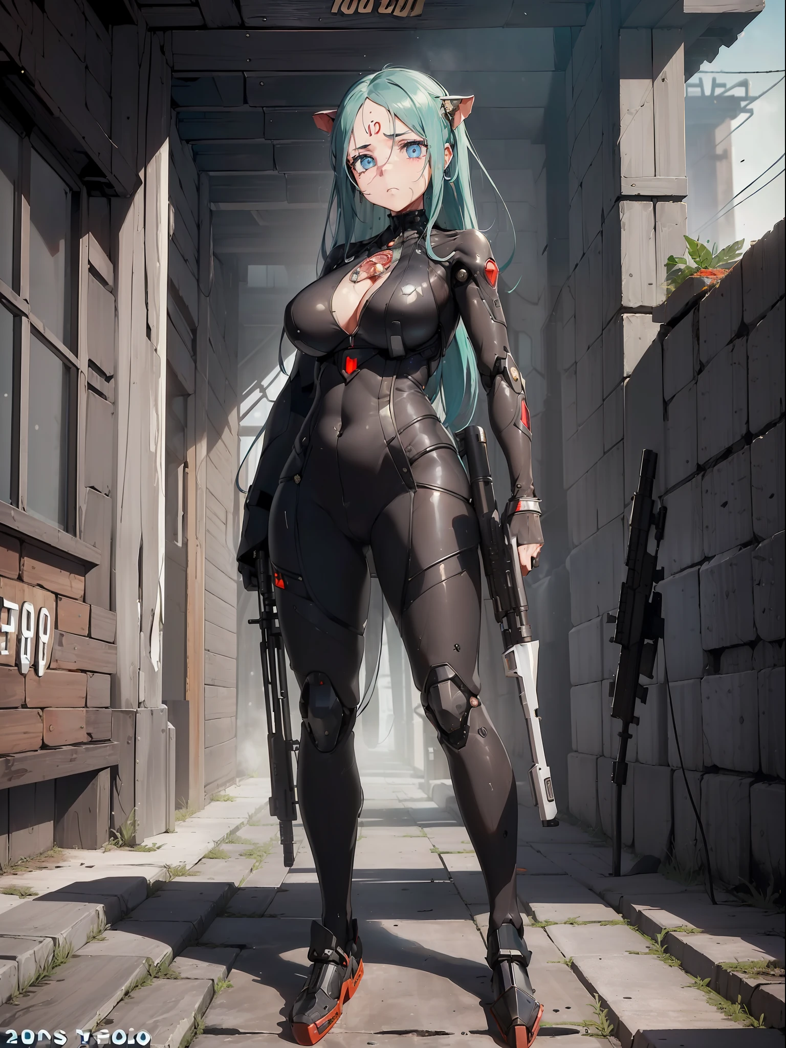 ((Full body):1.5), (({1/20 years}):3). Only {1/20 year old woman}:((in futuristic black clothing, with mechanical parts in blue):1.3). Only {1/20 years old}: ((has extremely large breasts):1.5). Only {1/20 years old}:((has light blue eyes, very short dark green hair):1.3), is looking at the viewer with ((face of despair and veins appearing on his forehead):1.3), ((posing with a futuristic rifle):1.5). In a lab ((full of malevolent robots made of pure metal and men shooting at robots): 1.6), all the robots are chasing after only {1/20 year old}) who is standing. anime, anime style, 16k, high resolution, ((best quality, high details: 1.5)), UHD, ((masterpiece)), cartoon, real, Fantexi