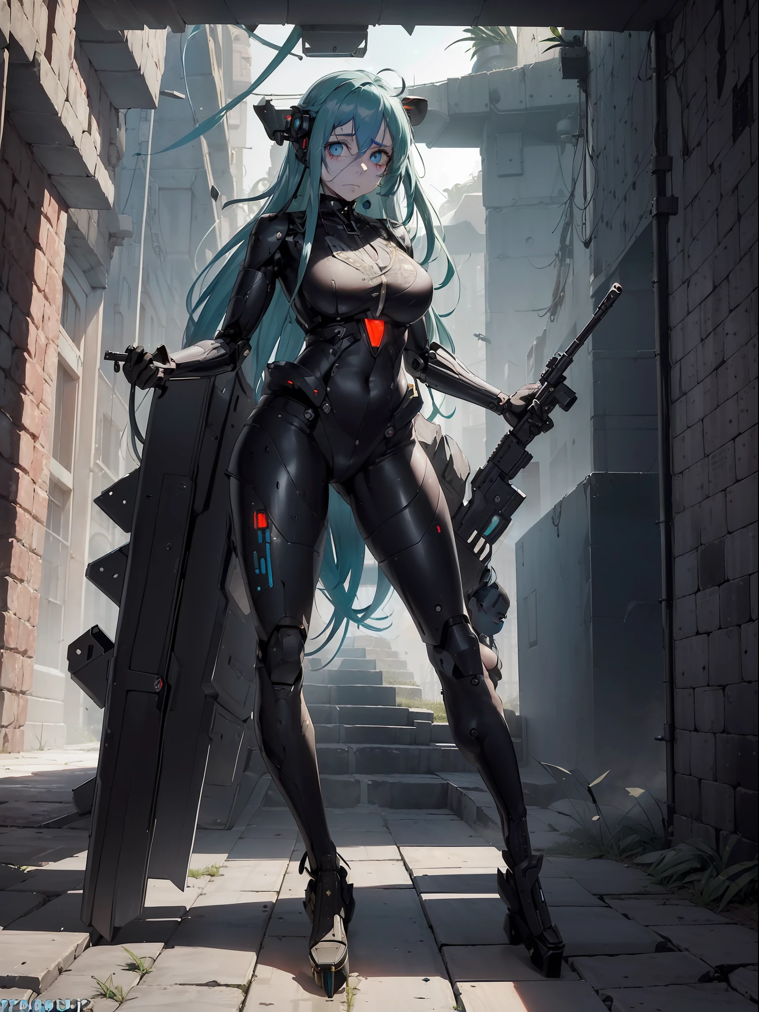 ((Full body):1.5), (({1/20 years}):3). Only {1/20 year old woman}:((in futuristic black clothing, with mechanical parts in blue):1.3). Only {1/20 years old}: ((has extremely large breasts):1.5). Only {1/20 years old}:((has light blue eyes, very short dark green hair):1.3), is looking at the viewer with ((face of despair and veins appearing on his forehead):1.3), ((posing with a futuristic rifle):1.5). In a lab ((full of malevolent robots made of pure metal and men shooting at robots): 1.6), all the robots are chasing after only {1/20 year old}) who is standing. anime, anime style, 16k, high resolution, ((best quality, high details: 1.5)), UHD, ((masterpiece)), cartoon, real, Fantexi