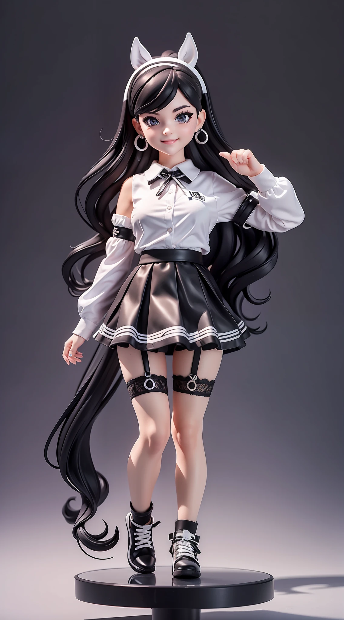 1girl, (anatomically correct), full body, (white shirt:1.1), (plaid skirt: 1.1), school sportswear, black lace skirt, (black stockings), (black high heels), broken [white: pink: 0.5] theme, (gradient background: 1.1), long black hair with ponytail, (horse ear rings), black eyes, smile, delicate headdress, clay texture, standing on round transparent glass, blind box toy style, sideways, panorama, (masterpiece: 1.1), (Best quality: 1.1)
