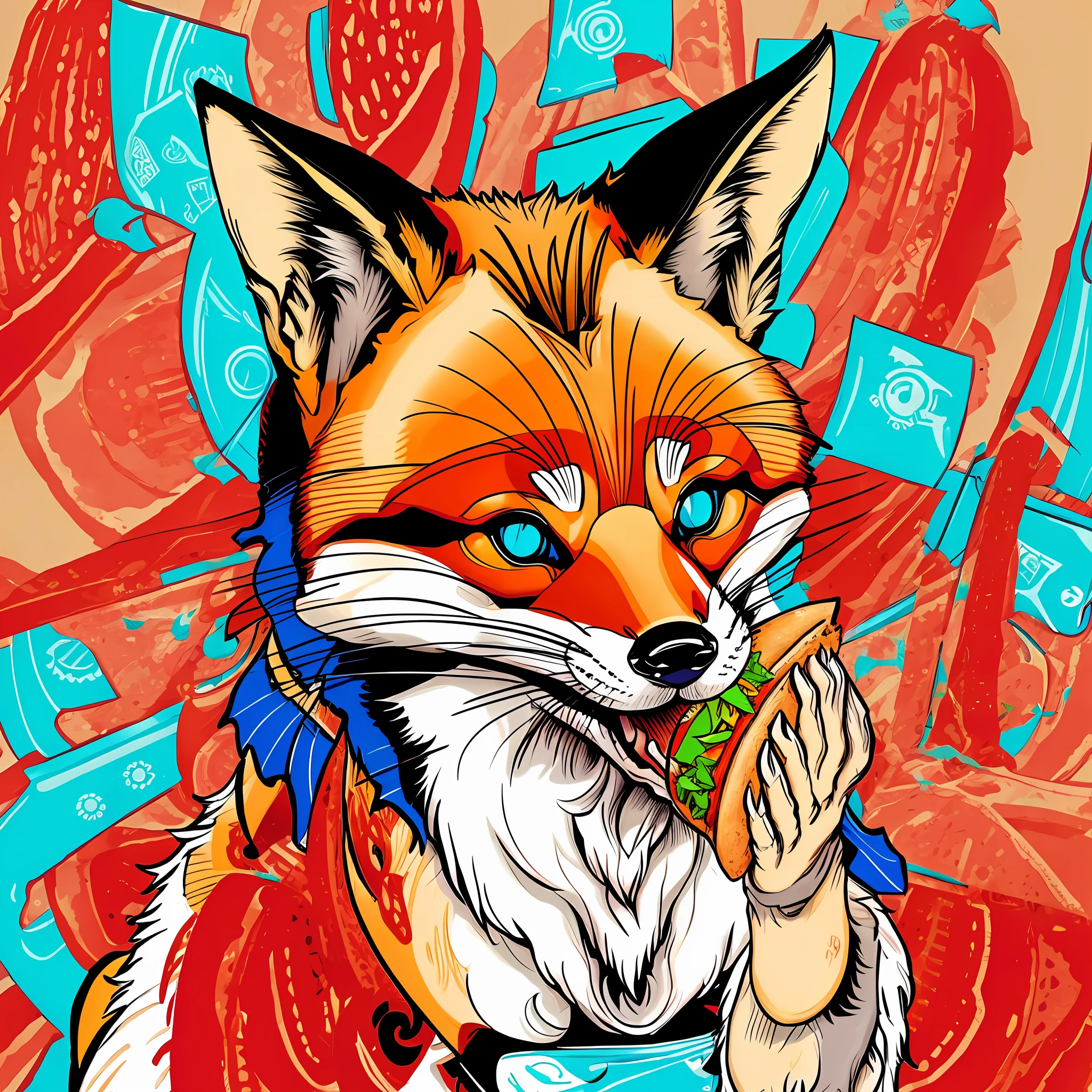 Fox eating hamburger, T-shirt design --auto --s2