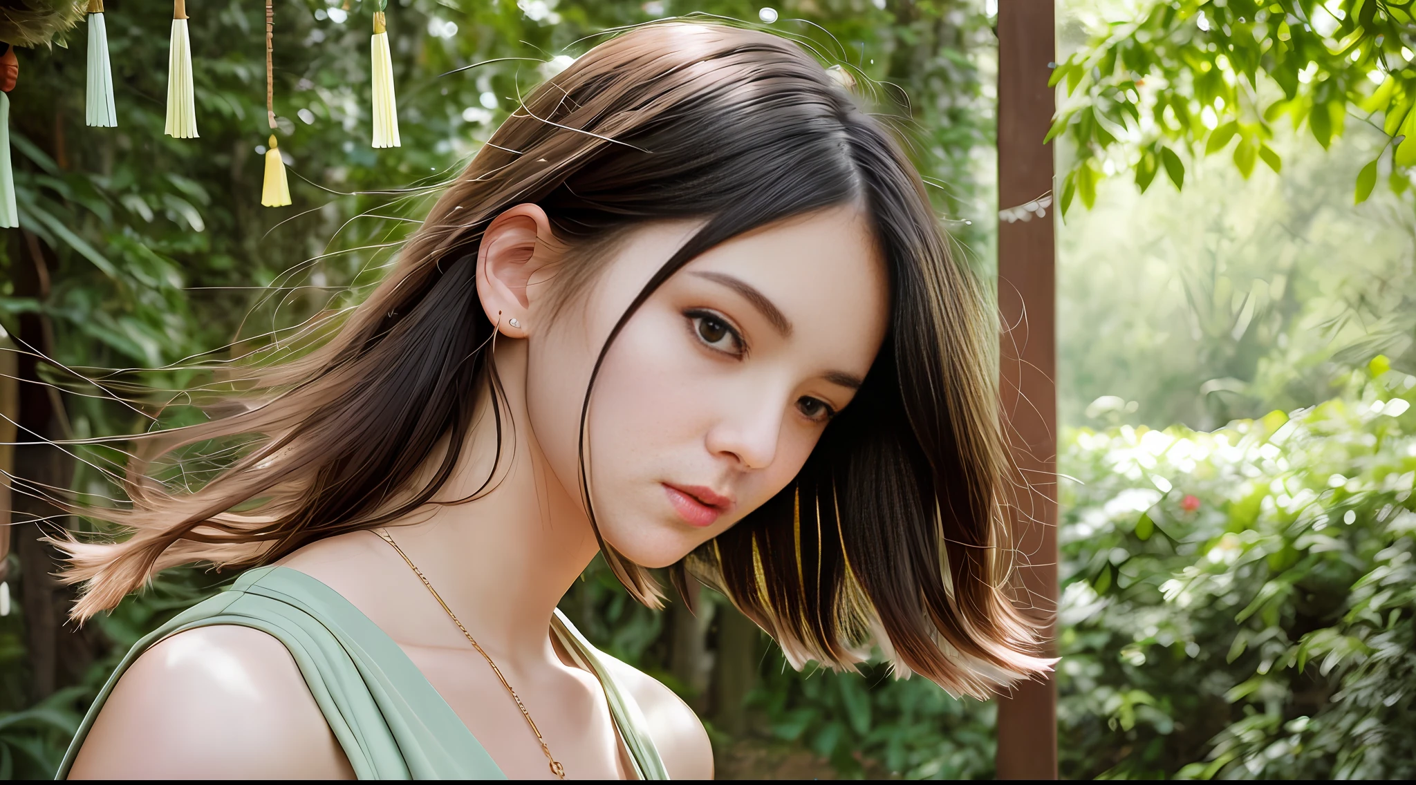Stunning close-up portrait of a young and beautiful woman with RAW, analog style and impressive features. She should have long, flowing hair, a seductive gaze, and an attractive look. The background is neutral and simple, allowing the woman to be the focal point of the image. Pay attention to details, such as highlights and shadows on her face and hair, to create realistic and realistic images. Experiment with different lighting techniques to enhance the mood and atmosphere of your portrait. The final product should be a masterpiece that captures the essence and beauty of women ((Highly detailed skin, skin details)), Sharp Focus, Volumetric Fog, 8K, UHD, DSLR, High Quality, Film Grain, Fujifilm XT3, Camisole Dress, Hemp Dress, Floret Dress, Short Hair Hair, Disheveled Hair, Rainy Summer Festival, Wind Chimes, Rain, Green, Forest, Wind, big, hair blown in the wind