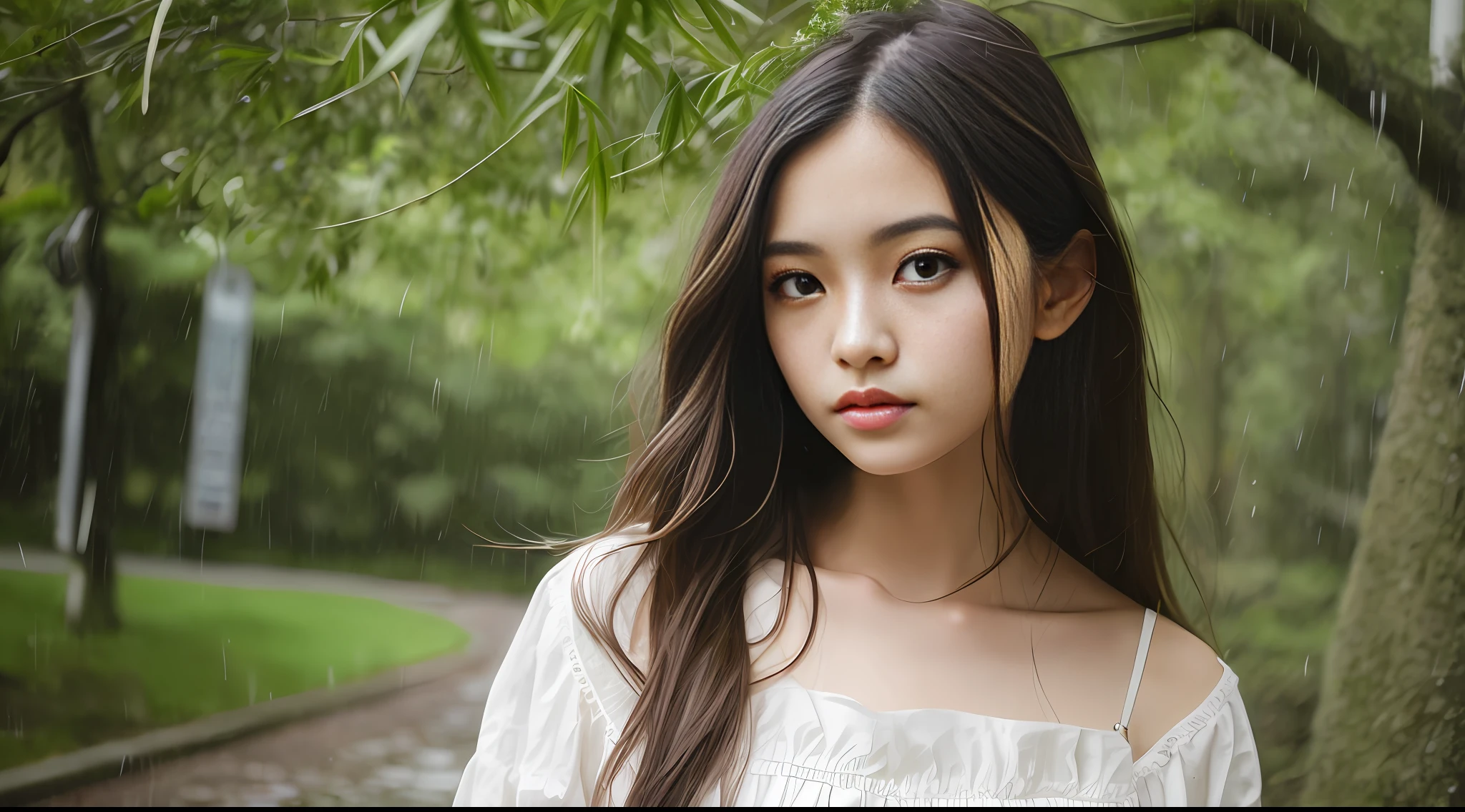 Stunning close-up portrait of a young and beautiful woman with RAW, analog style and impressive features. She should have long, flowing hair, a seductive gaze, and an attractive look. The background is neutral and simple, allowing the woman to be the focal point of the image. Pay attention to details, such as highlights and shadows on her face and hair, to create realistic and realistic images. Experiment with different lighting techniques to enhance the mood and atmosphere of your portrait. The final product should be a masterpiece that captures the essence and beauty of women ((Highly detailed skin, skin details)), Sharp Focus, Volumetric Fog, 8K, UHD, DSLR, High Quality, Film Grain, Fujifilm XT3, Camisole Dress, Hemp Dress, Floret Dress, Short Hair Hair, Disheveled Hair, Rainy Summer Festival, Wind Chimes, Rain, Green, Forest, Wind, big, hair blown in the wind