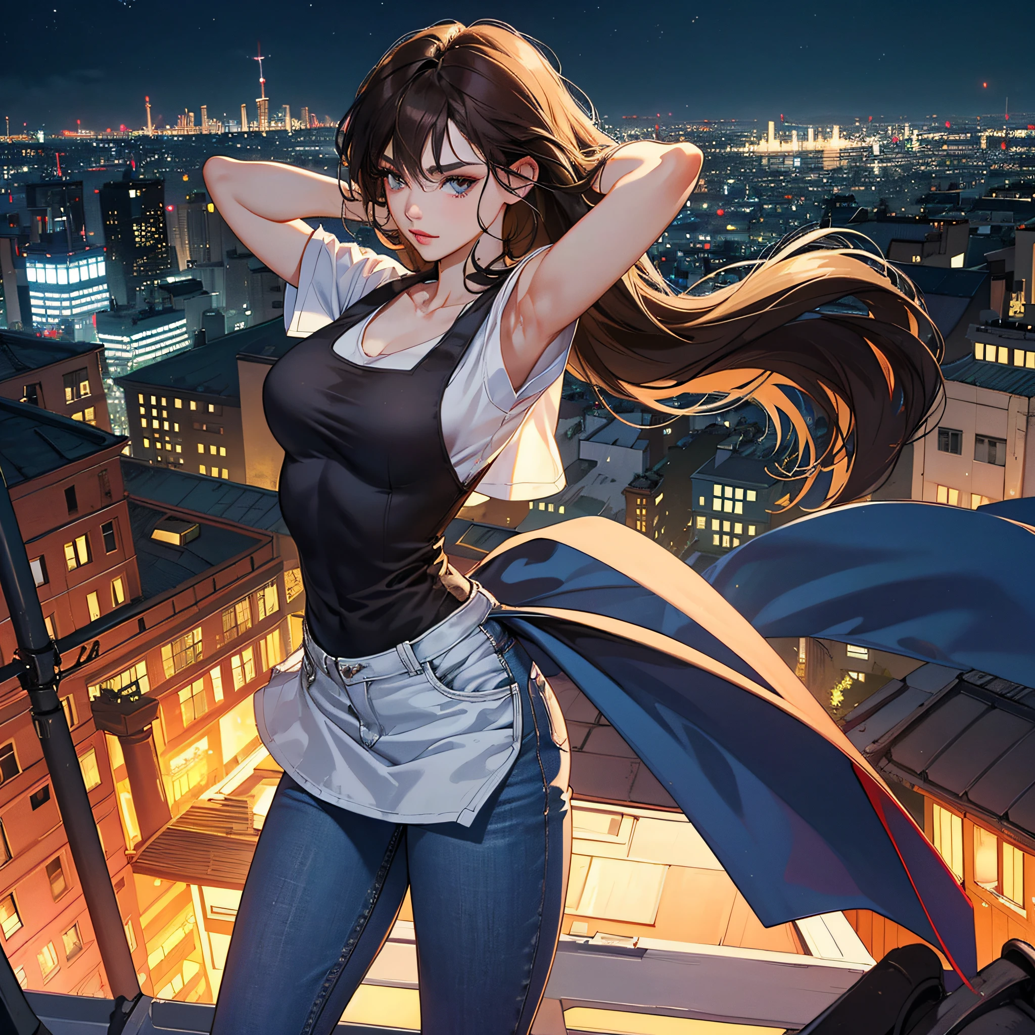 ((Midnight, Best quality, 8k, Masterpiece :1.3)), Whole body, Long legs, Sharp focus :1.2, A pretty woman with perfect figure :1.4, Slender abs :1.1, ((Dark brown hair, :1.2)), (White tight tshirt, Jean bib, Standing:1.2), ((Night city w, Rooftop:1.3)), Highly detailed face and skin texture, Detailed eyes, Double eyelid