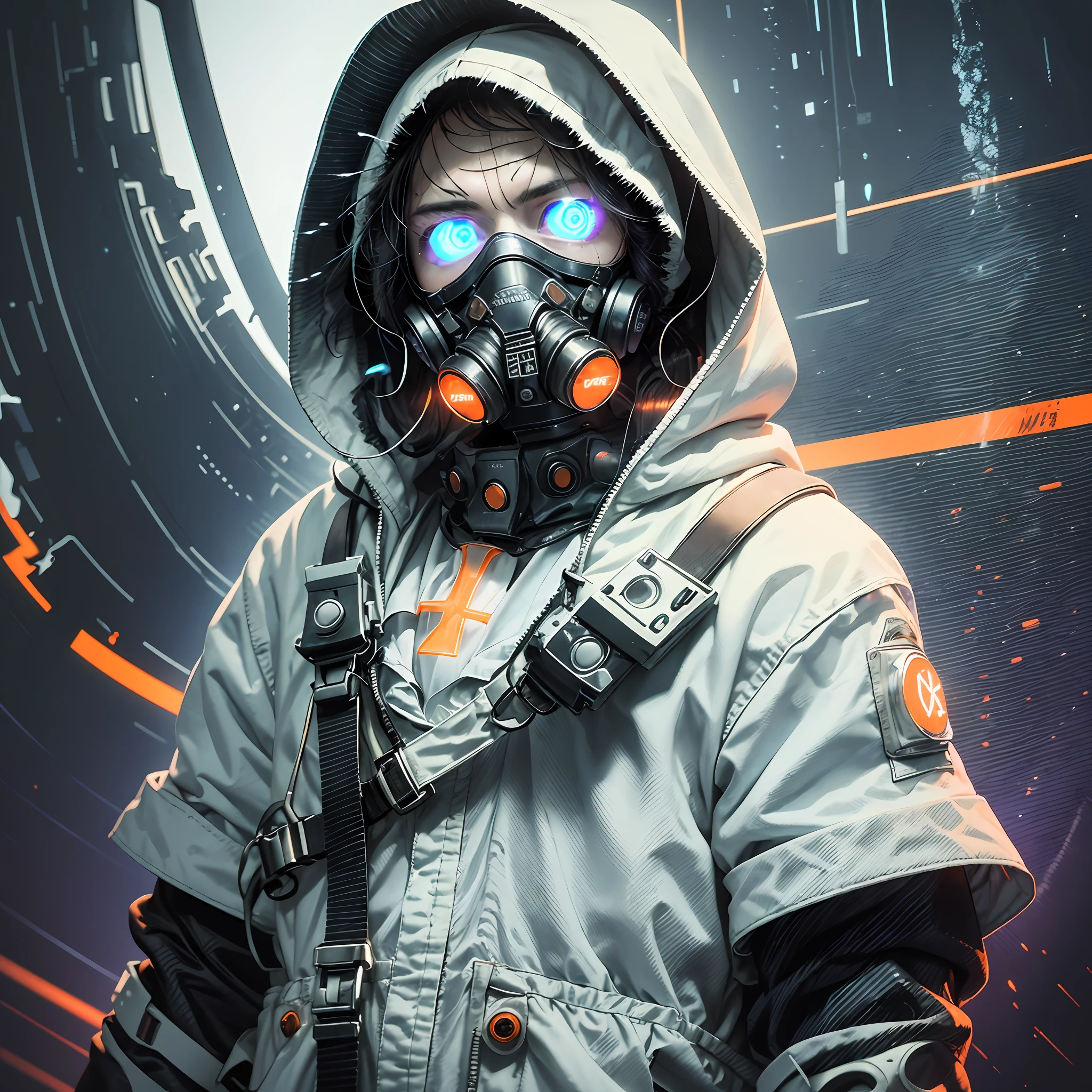 A man with gas mask with neon lights, looking at the viewer, side eye, white hood, gas mask, gas mask orange lights, X-shaped eyes, X-shaped eyes glowing orange, black gloves, white hood, bloodstained clothes, white clothes with blood, white coat, white vest, purple backdrop, purple background, purple walls --auto --s2