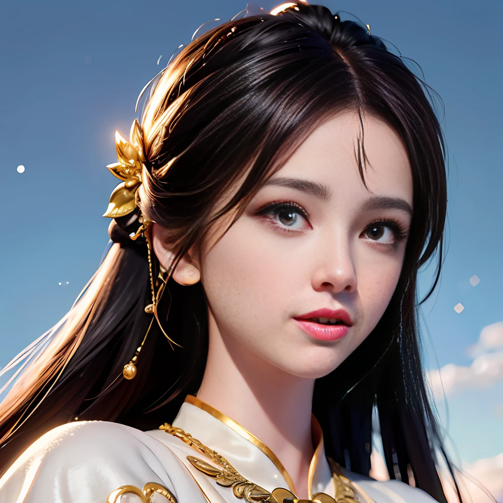 1 girl, (extreme skin shine: 1.4), (extreme light and shadow changes), (gorgeous costumes: 1.5), (delicate face and eyes: 1.3), (shiny colored eyes: 1.5), intricate hair decoration. The girl in the painting is dressed in ancient Chinese court clothes, as if her snow-white face is more delicate. She tilted her head slightly, her eyes calm, and she seemed to be thinking about something. The mountains and sky in the background are depicted in detail, making the whole painting more realistic. (Realism: 1.3), (Extreme Complexity: 1.2), (Realistic Photos: 1.3), (Surrealism: 1.4), Volumetric Lighting, Film Lighting, Film Effects, Girl Portrait, 8k.