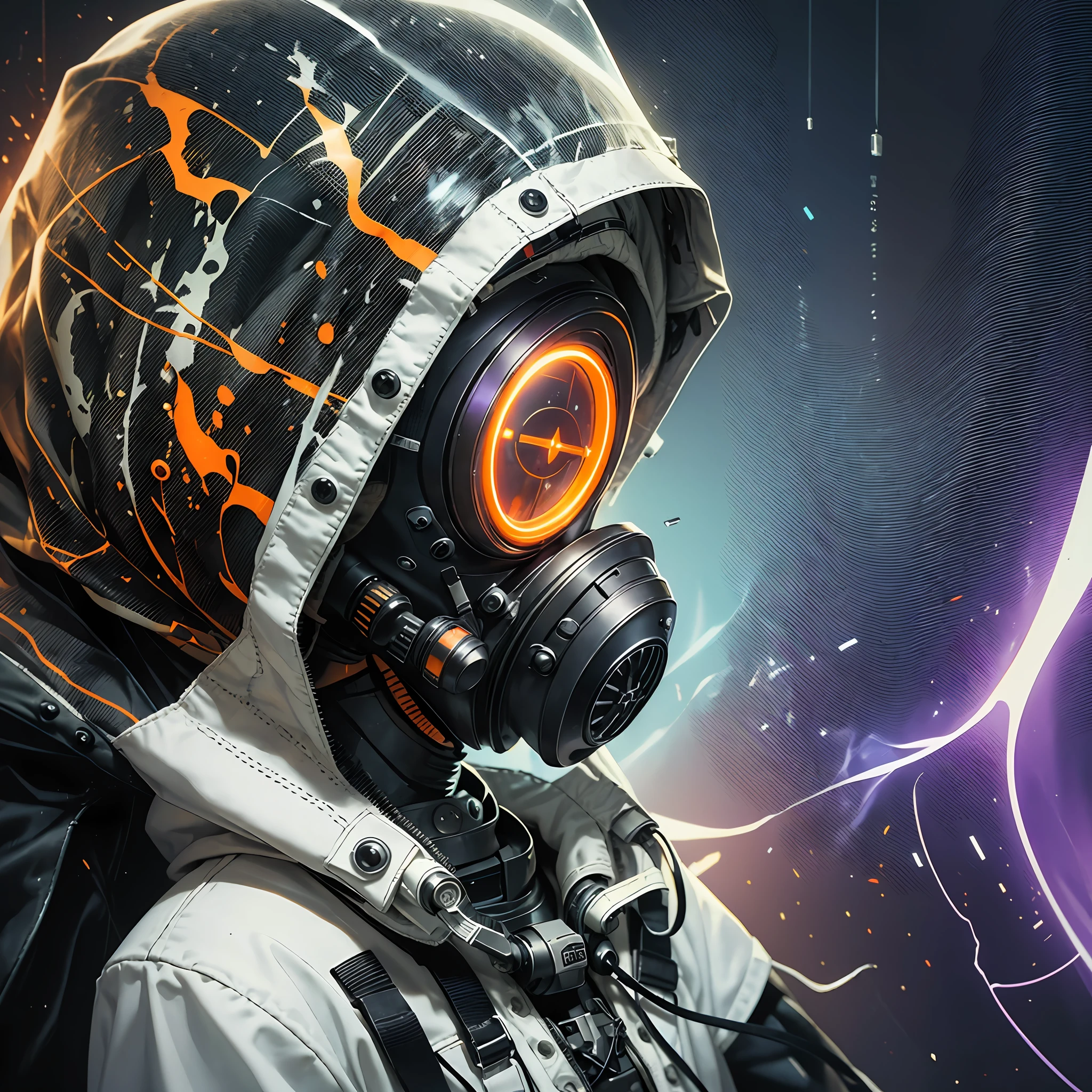 A man with gas mask with neon lights, looking at the viewer, side eye, white hood, gas mask, gas mask orange lights, X-shaped eyes, X-shaped eyes glowing orange, black gloves, white hood, bloodstained clothes, white clothes with blood, white coat, white vest, purple backdrop, purple background, purple walls --auto --s2