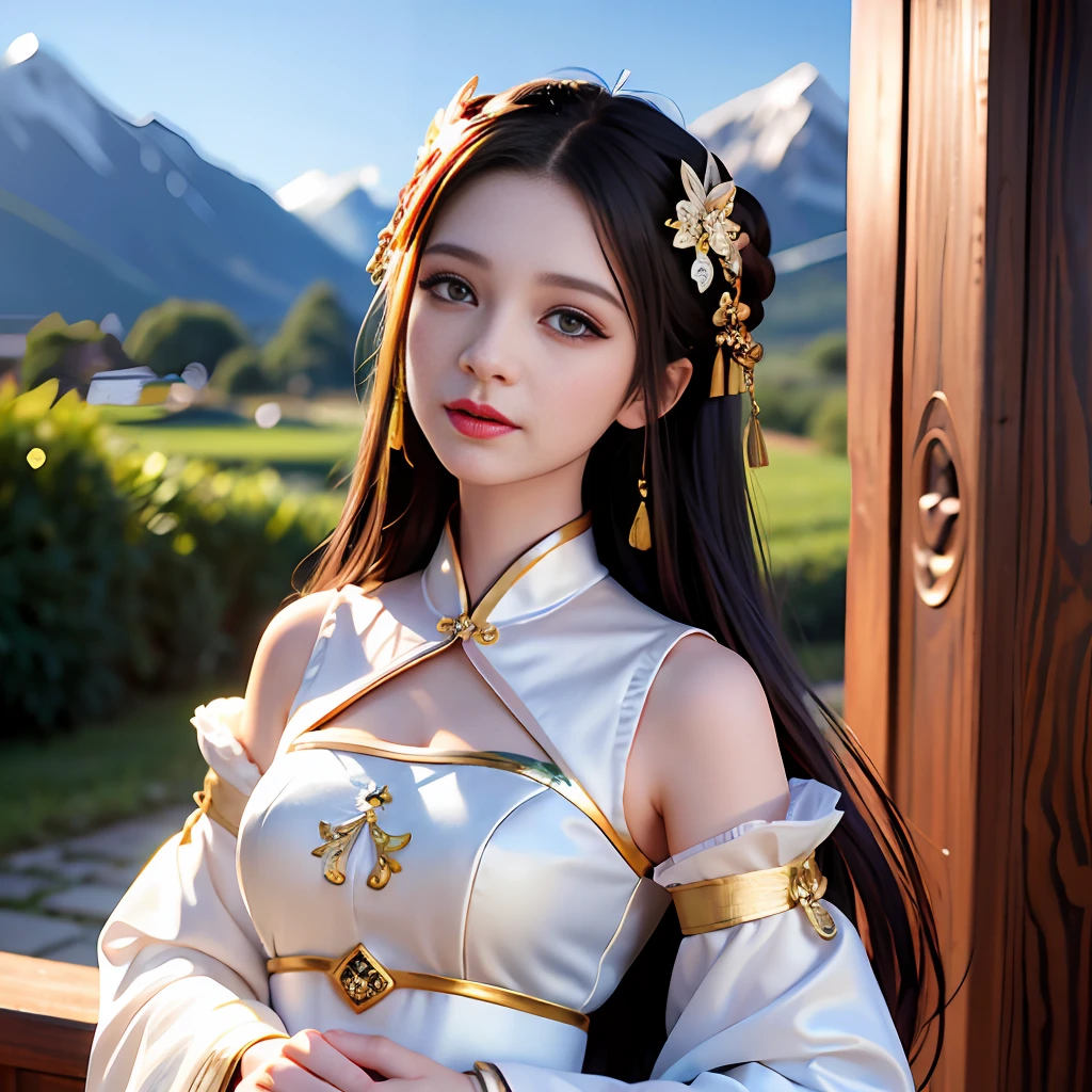 1 girl, (extreme skin shine: 1.4), (extreme light and shadow changes), (gorgeous costumes: 1.5), (delicate face and eyes: 1.3), (shiny colored eyes: 1.5), intricate hair decoration. The girl in the painting is dressed in ancient Chinese court clothes, as if her snow-white face is more delicate. She tilted her head slightly, her eyes calm, and she seemed to be thinking about something. The mountains and sky in the background are depicted in detail, making the whole painting more realistic. (Realism: 1.3), (Extreme Complexity: 1.2), (Realistic Photos: 1.3), (Surrealism: 1.4), Volumetric Lighting, Film Lighting, Film Effects, Girl Portrait, 8k.