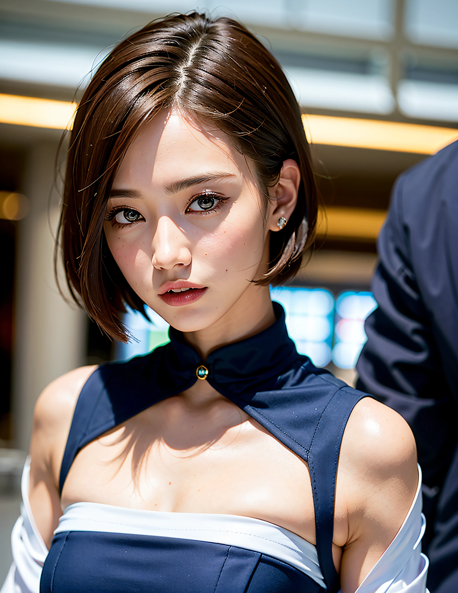 ((best quality)), ((masterpiece)), ((realistic)), ((1girl, solo,)),(navy suit),physique,(veryshort hair),ultra detailed brown eyes,ultra detailed human face,ultradetailed teeth, long sleeve,Airport lobby
