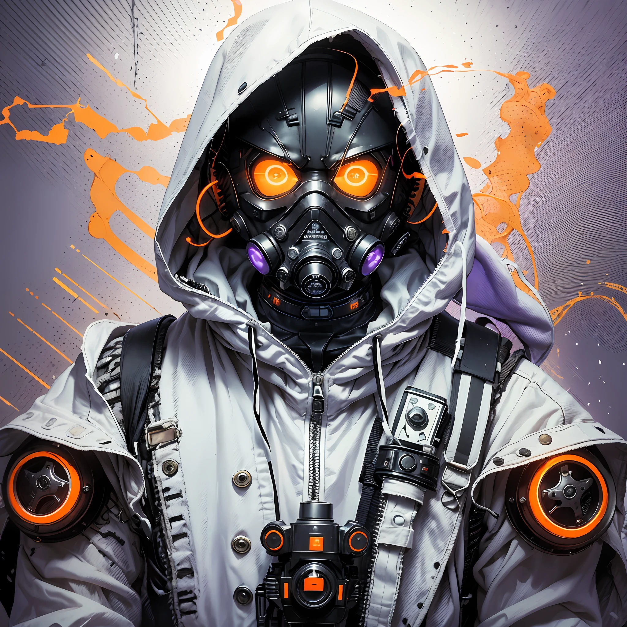 A man with gas mask with neon lights, looking at the viewer, side eye, white hood, gas mask, gas mask orange lights, X-shaped eyes, X-shaped eyes glowing orange, black gloves, white hood, bloodstained clothes, white clothes with blood, white coat, white vest, purple backdrop, purple background, purple walls --auto --s2