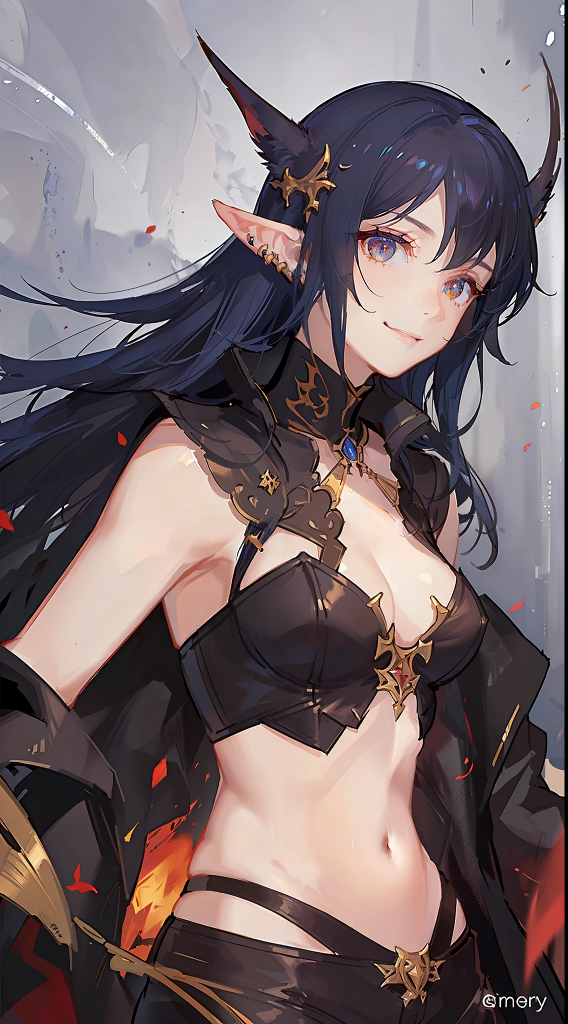 Young guy, long dark blue hair, amber eyes, elven ears, red leather top, smile, open belly, open hands, masterpiece, high quality