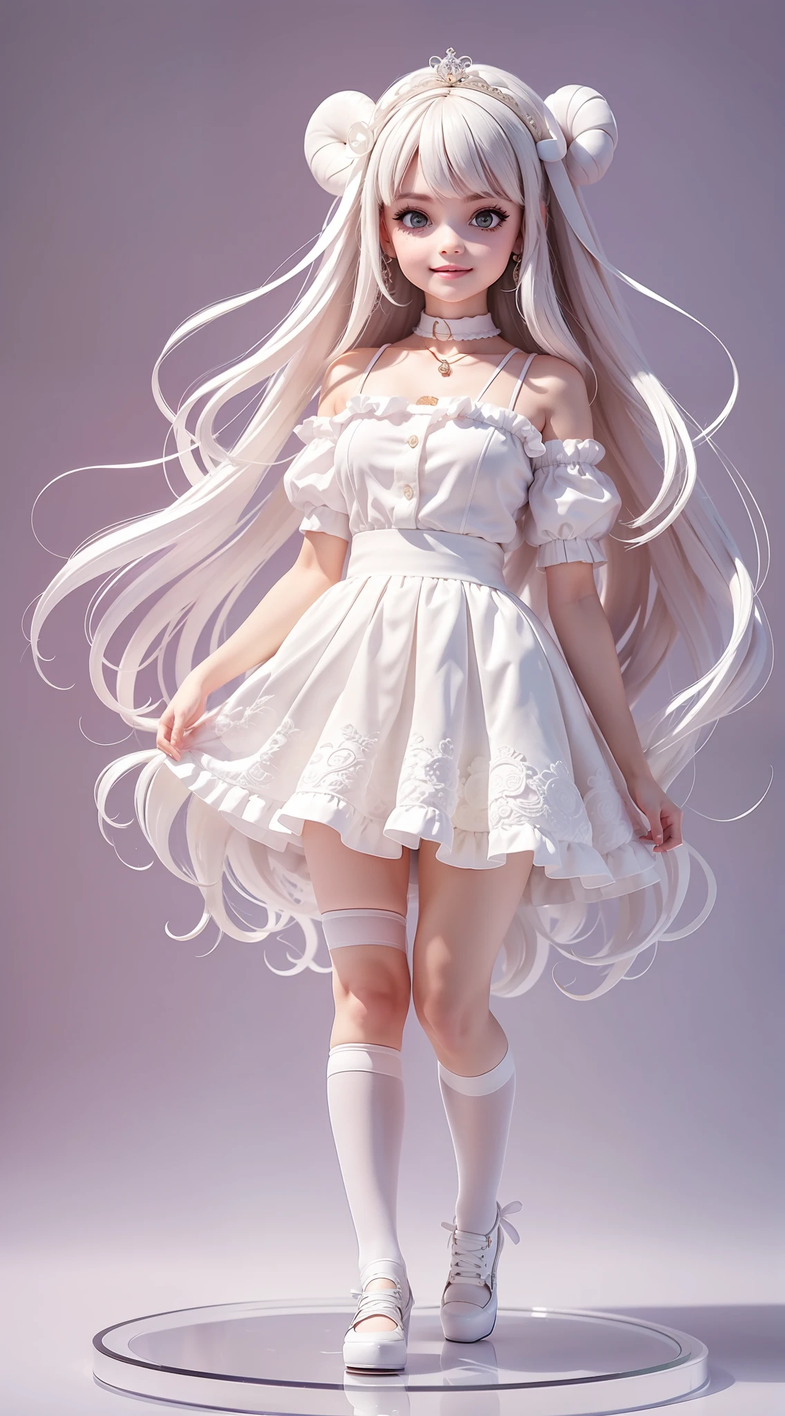 1girl, (anatomically correct), full body, (white shirt:1.1), (plaid skirt: 1.1), school sportswear, lace skirt, (white stockings), (white high heels), broken [white: pink: 0.5] theme, (gradient background: 1.1), long hair, (sheep's horn hair ring), black eyes, smile, delicate headdress, clay texture, standing on round transparent glass, blind box toy style, sideways, panorama, (masterpiece: 1.1), (best quality: 1.1)