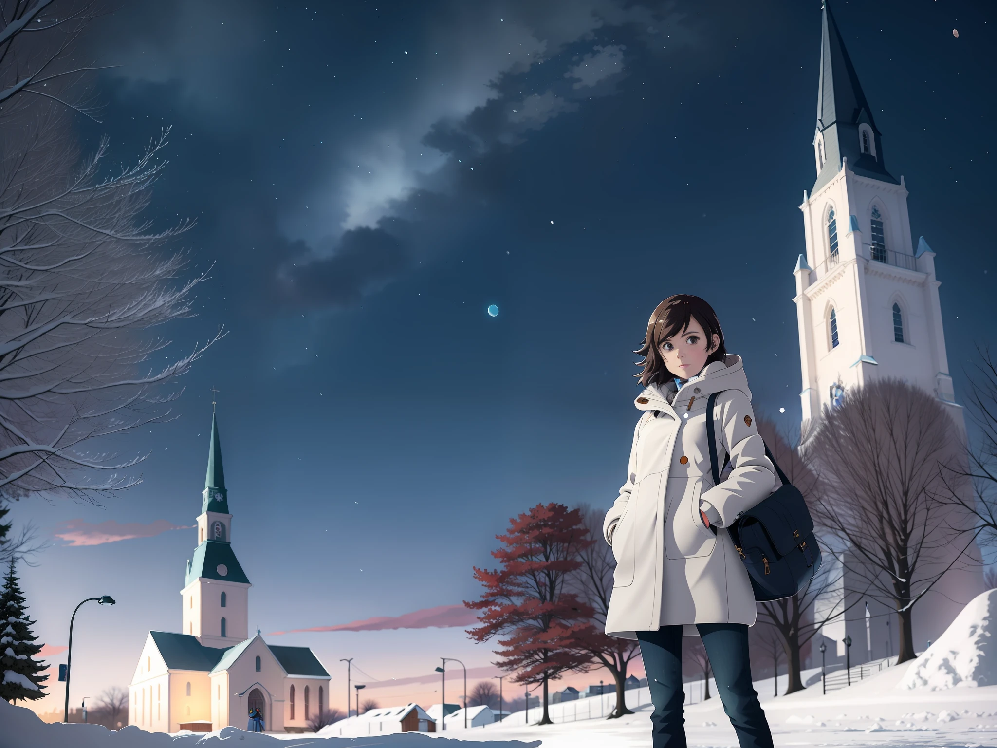 anime girl standing on a snowy street with a church in the background, makoto shinkai cyril rolando, anime style 4 k, anime art wallpaper 8 k, makoto shinkai art style, anime art wallpaper 4 k, anime art wallpaper 4k, in style of makoto shinkai, makoto shinkai style, 4 k manga wallpaper