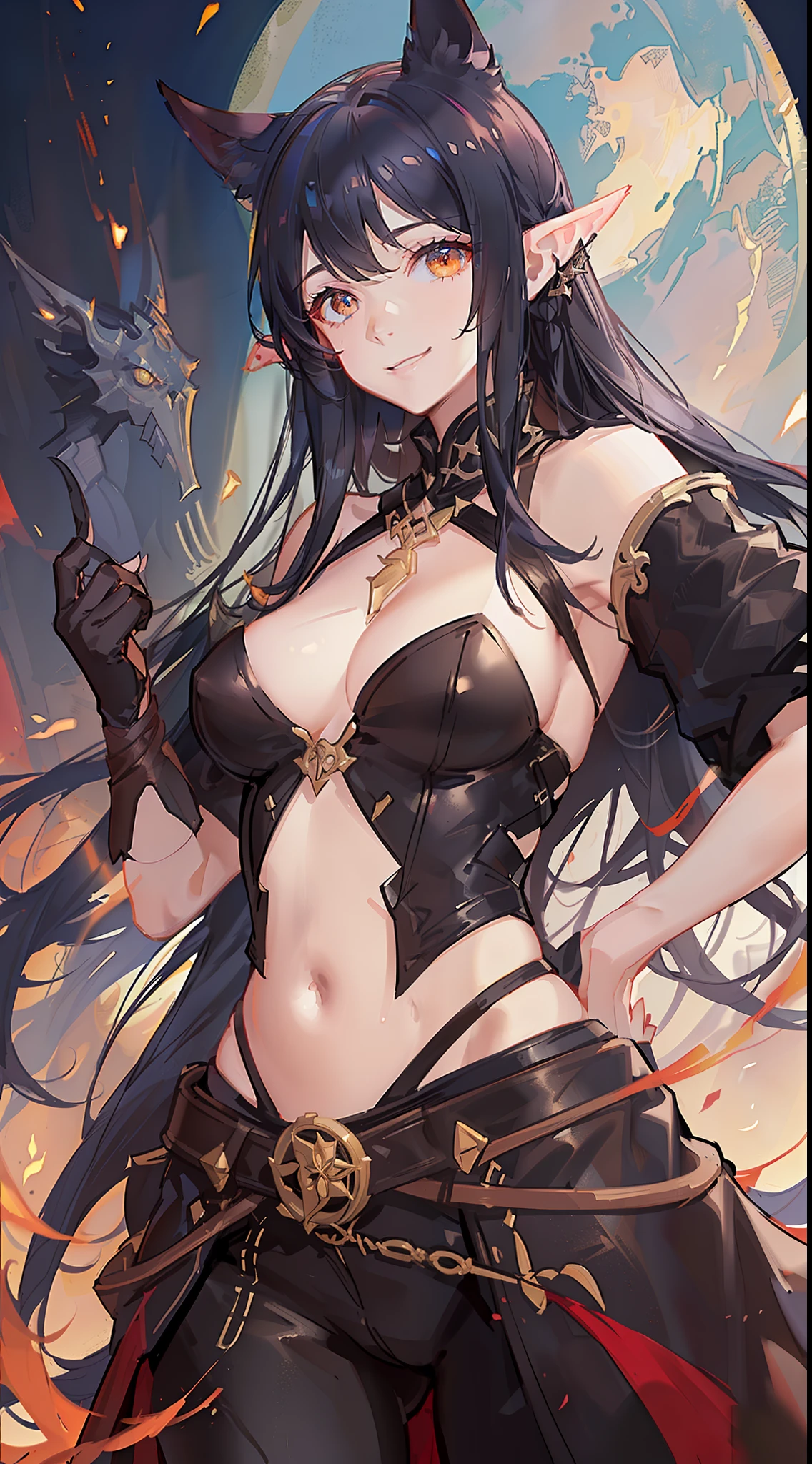 Young guy, long dark blue hair, amber eyes, elven ears, red leather top, smile, open belly, open hands, masterpiece, high quality