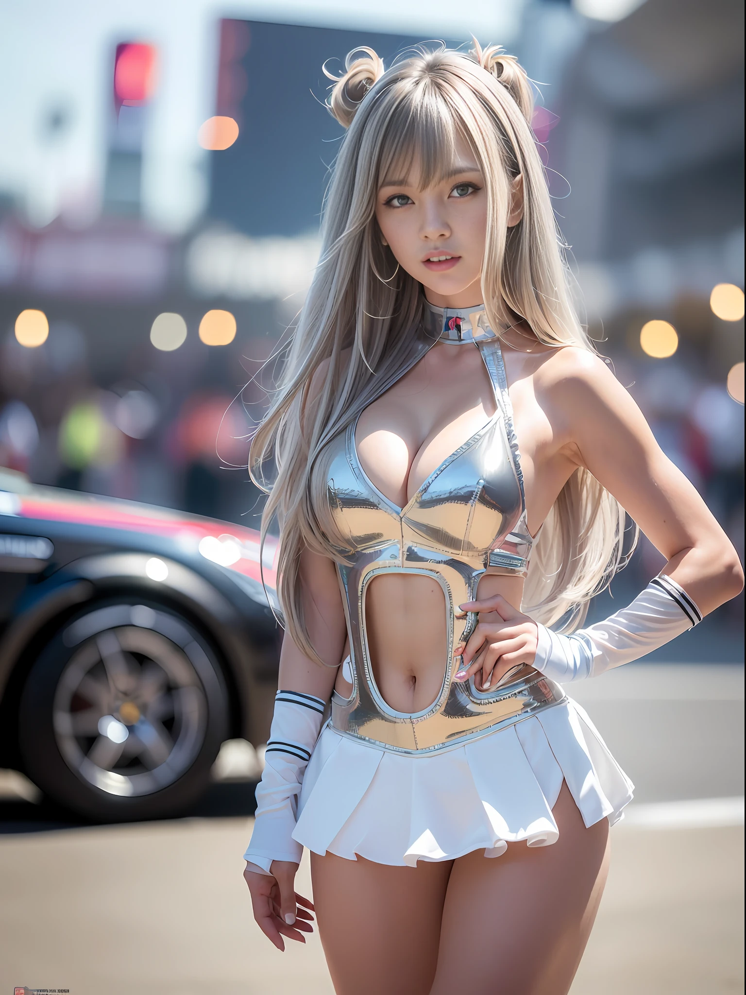 Masterpiece, Ultra High Definition, (Photorealistic:1.4), 8K, RAW Photography, Best Quality, Detail Shadows, Best Quality, Amazing, Fine Detail, Official Art, Absurdity, Soft Lighting, Sharp Focus, (Bokeh:1.5), Frontal Light, Bloom, Movie Lighting, Light on the Face, Look Viewer,Full Body:1.3
1 person, (small:1), (cleavage:1.2), (silver hair:1.2), (long hair:1.3), (bangs:1.5), very cute, (narrow waist:1.8), (abs:0.7), 23yo,(clavicle:1), (wide forehead:1), (wide forehead:1), (Japan face:1.3), (drooping eyes:1.8), (wide forehead:1.5), (fair skin:1.5), (transparent skin:1.3),(Japan idol:1.3), ( Cute:1.3), (laughs:1.6), Grid Girl, (Race Queen), (Wearing a grid girl costume with sponsor's logo printed on it:1.4), (Colorful:1.5), (Standing in a motorsports race: 1.5), (Motor circuit: 1.5), Racing Car, (Skirt: 1.1), (Sleeveless: 1.8), Knee boots
Photorealistic