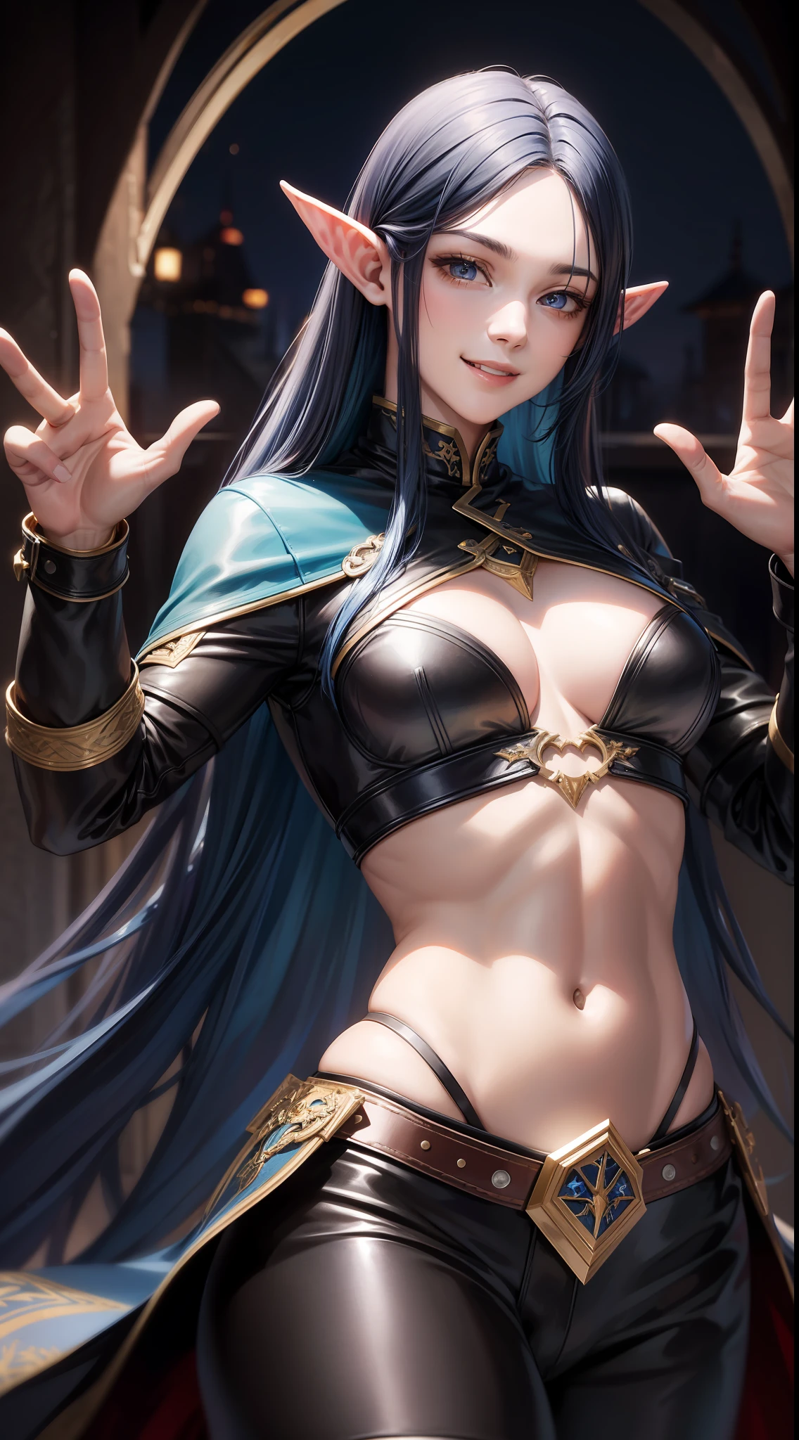 Young guy, long dark blue hair, amber eyes, elven ears, leather top, smile, open belly, open hands, masterpiece, high quality