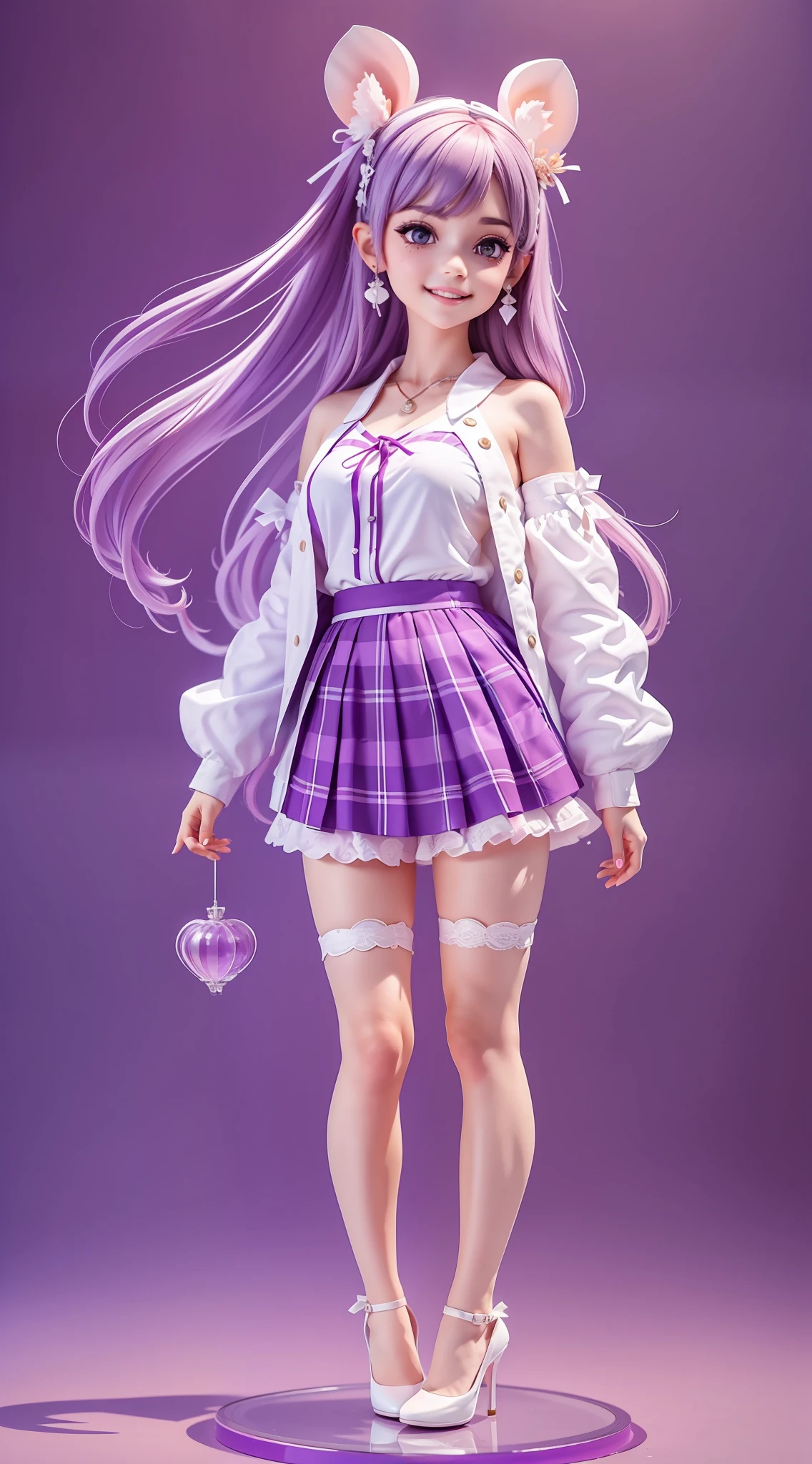 1girl, (anatomically correct), full body, (white shirt:1.1), (plaid skirt: 1.1), school sportswear, lace kimono, (purple stockings), (purple high heels), broken [purple: pink: 0.5] theme, (gradient background: 1.1), long hair, (rat ear hair ring), purple eyes, smile, delicate headdress, clay texture, standing on round transparent glass, blind box toy style, sideways, panorama, (masterpiece: 1.1), (best quality: 1.1)