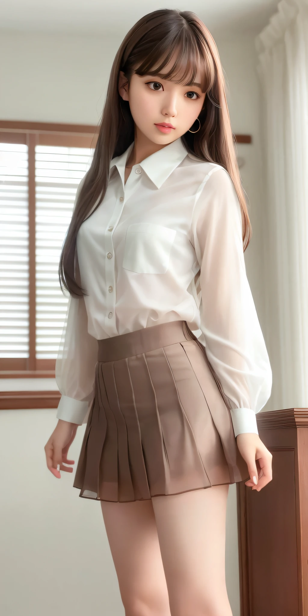 (8K, RAW Photo, Best Quality, Masterpiece: 1.2), (Realistic, Photorealistic: 1.37), Best Quality, Ultra High Resolution, Photon Mapping, Radiosity, Physically Based Rendering, Blur, Foreground, Depth of Field, Blurred Background, Photo_\(Medium), Motion Blur, Girl, (Full Body), Long Legs, Thin Legs, Long Hair, Bangs, (Bangs visible), hair_ornament, Lips, Hair clip, Solo, brown_eyes, Nosesoft, Sheer white blouse, mini skirt, stockings, lower,
