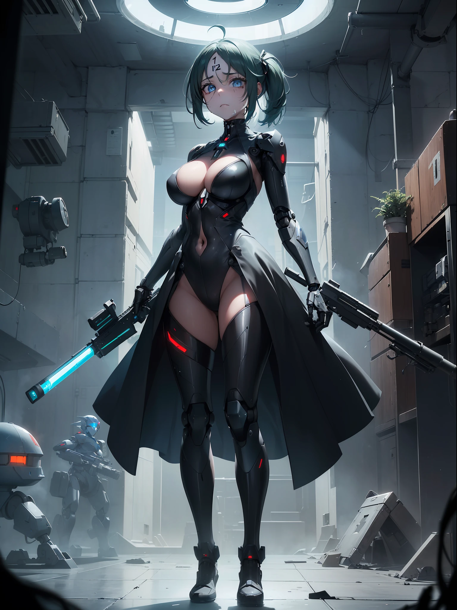 ((Full body):1.5), (({1/20 years}):2). Only {1/20 year old woman}:((in futuristic black clothing, with mechanical parts in blue):1.3). Only {1/20 years old}: ((has extremely large breasts):1.5). Only {1/20 years old}:((has light blue eyes, very short dark green hair):1.3), is looking at the viewer with ((face of despair and veins appearing on his forehead):1.3), ((posing with a futuristic rifle):1.5). In a lab ((full of malevolent robots made of pure metal and men shooting at robots): 1.6), all the robots are chasing after only {1/20 year old}) who is standing. anime, anime style, 16k, high resolution, ((best quality, high details: 1.5)), UHD, ((masterpiece)), cartoon, real, Fantexi