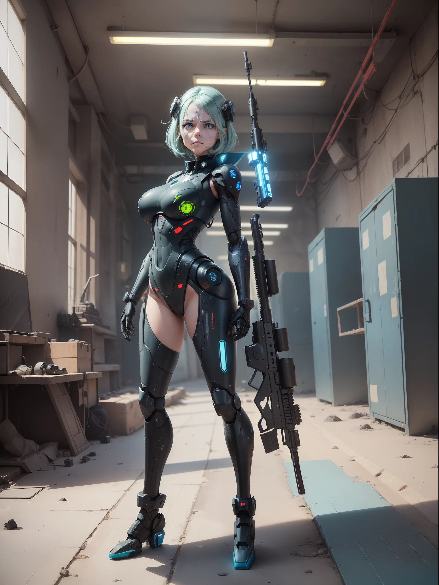 ((Full body):1.5), (({1/20 years}):2). Only {1/20 year old woman}:((in futuristic black clothing, with mechanical parts in blue):1.3). Only {1/20 years old}: ((has extremely large breasts):1.5). Only {1/20 years old}:((has light blue eyes, very short dark green hair):1.3), is looking at the viewer with ((face of despair and veins appearing on his forehead):1.3), ((posing with a futuristic rifle):1.5). In a lab ((full of malevolent robots made of pure metal and men shooting at the robots): 2), all the robots are chasing after only {1/20 year old}) who is standing. anime, anime style, 16k, high resolution, ((best quality, high details: 1.5)), UHD, ((masterpiece)), cartoon, real, Fantexi