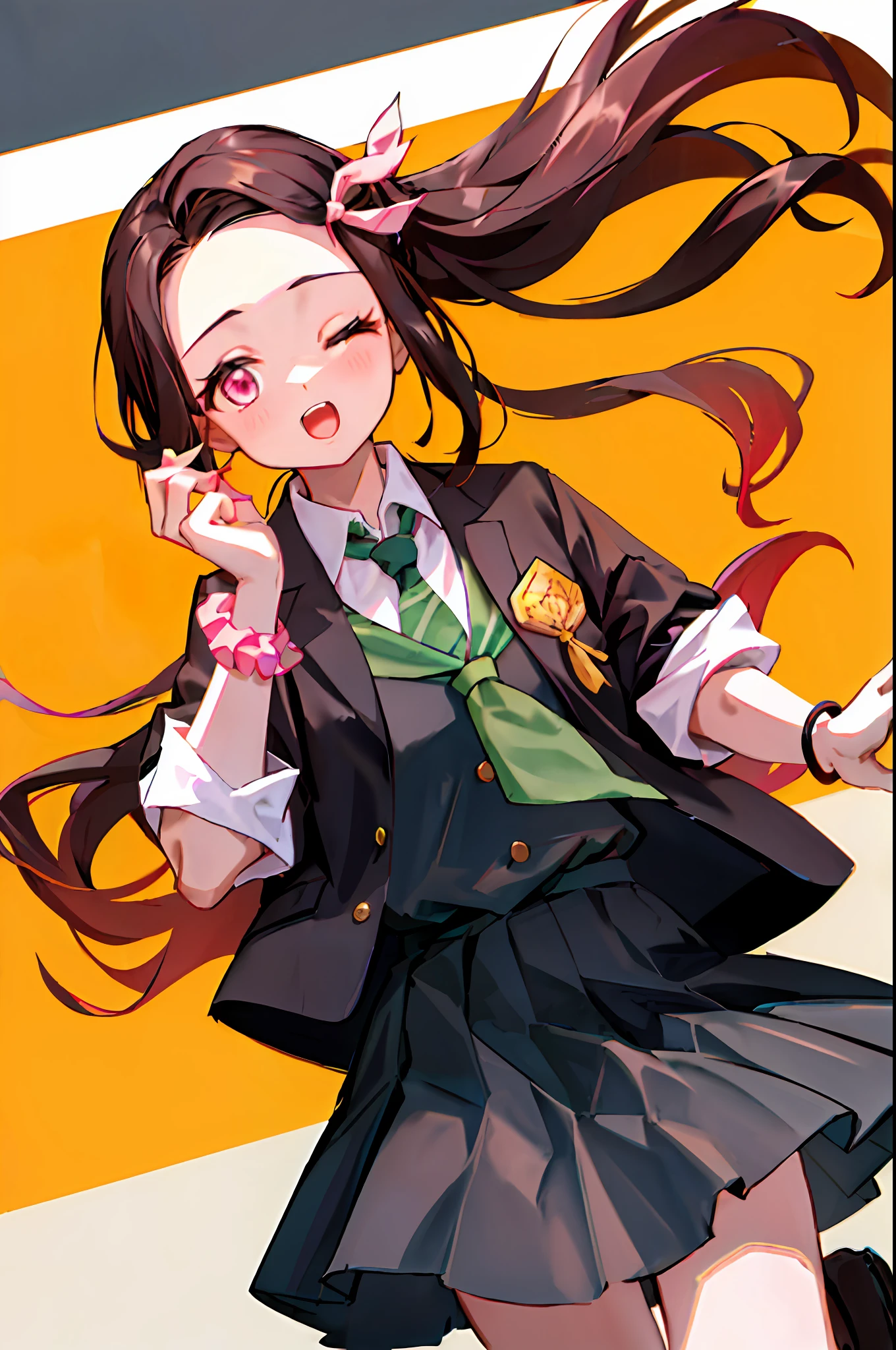 (kamado nezuko:0.6), kimetsu gakuen, 1girl, ;o, aged up, alternate hairstyle, bag, black hair, bracelet, brown skirt, collared shirt, cowboy shot, dress shirt, dutch angle, green necktie, hair ornament, hair ribbon, hair scrunchie, hand up, jewelry, long hair, looking at viewer, low ponytail, miniskirt, multicolored hair, nail polish, necktie, one eye closed, orange hair, pink eyes, pink nails, pink ribbon, pleated skirt, ribbon, school bag, school uniform, scrunchie, shirt, short sleeves, side ponytail, simple background, skirt, solo, tears, twitter username, two-tone hair, very long hair, white shirt, yawning, ((masterpiece))