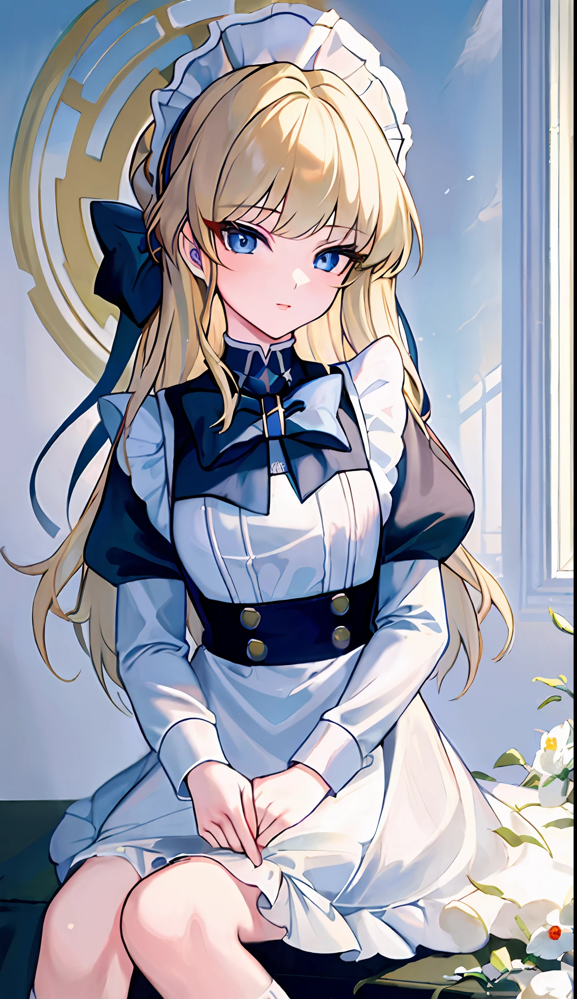 18-year-old beautiful girl, ((((Masterpiece)))), (((highest quality)))), (((Very detailed))), detailed fingers, precise fingers, not unnatural hands, illustration, 1 girl, solo, tied blonde, blue eyes, long-sleeved maid clothes, white high socks, TOKI,