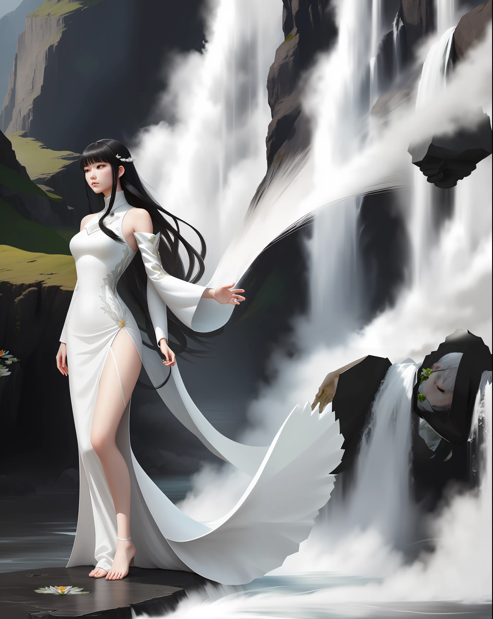 A white dress, a head of black hair such as waterfall, a pair of lotus arm such as jade, the mountain wind blowing, gently blowing up her hair, also blowing her pure white dress, showing a touch of white calves, giving people infinite reverie.
