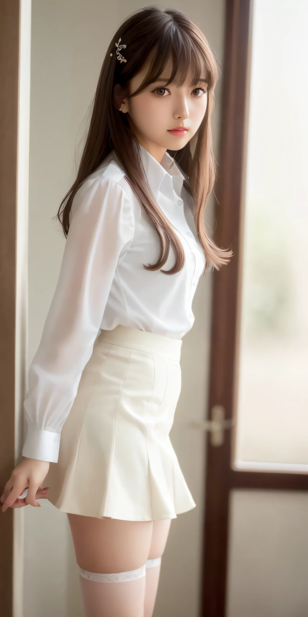 (8K, RAW Photo, Best Quality, Masterpiece: 1.2), (Realistic, Photorealistic: 1.37), Best Quality, Ultra High Resolution, Photon Mapping, Radiosity, Physically Based Rendering, Blur, Foreground, Depth of Field, Blurred Background, Photo_\(Medium), Motion Blur, Girl, (Full Body), Long Legs, Thin Legs, Long Hair, Bangs, (Bangs visible), hair_ornament, Lips, Hair clip, Solo, brown_eyes, Nosesoft, Sheer white blouse, mini skirt, stockings, lower,