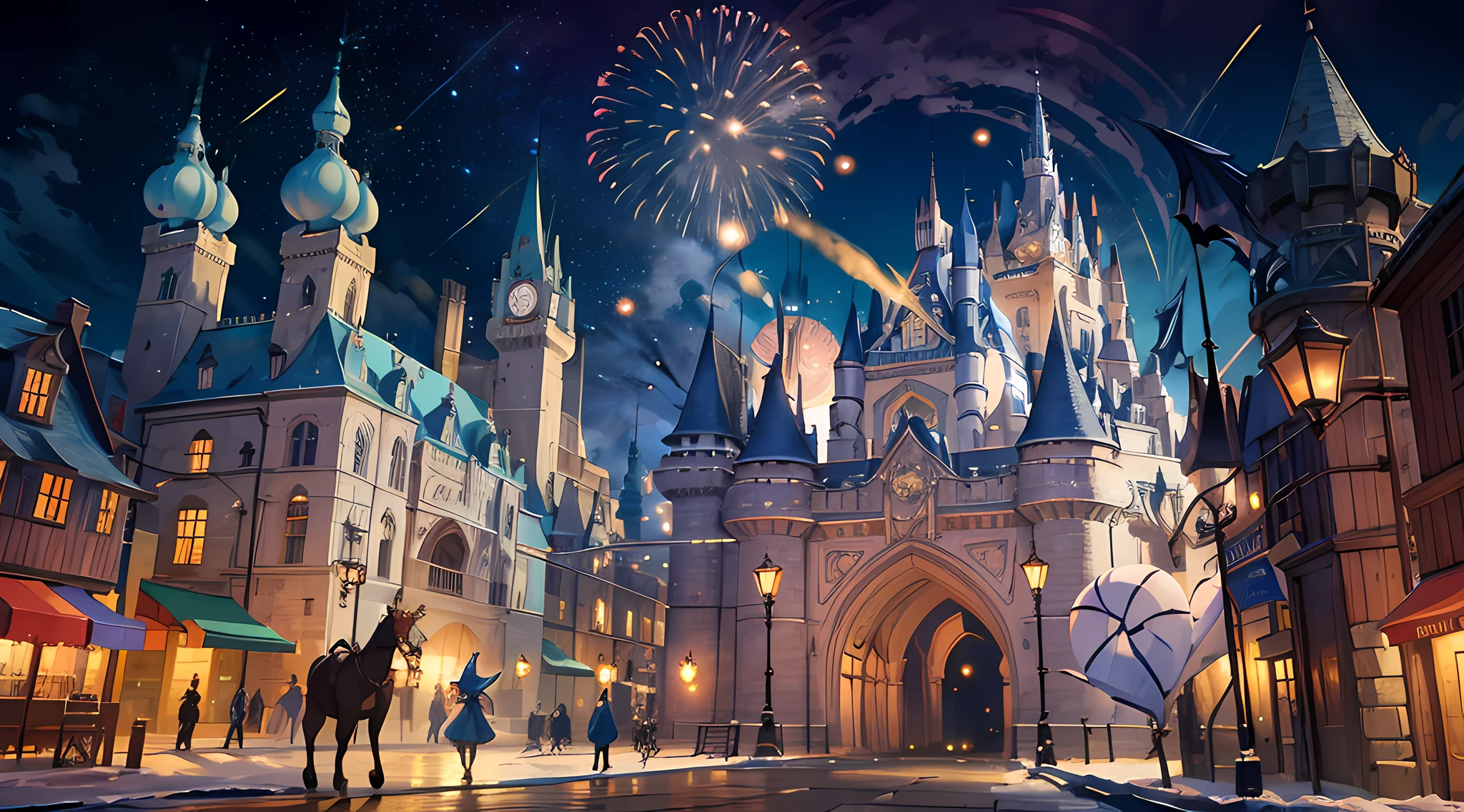 best quality, masterpiece, A towering enchanted castle, Medieval street, Pedestrians shuttling, Flying magician riding a broomstick, Dragons flew over the sky, night, Warm tone, Huge magic fireworks, Ghibli style, 8K --S