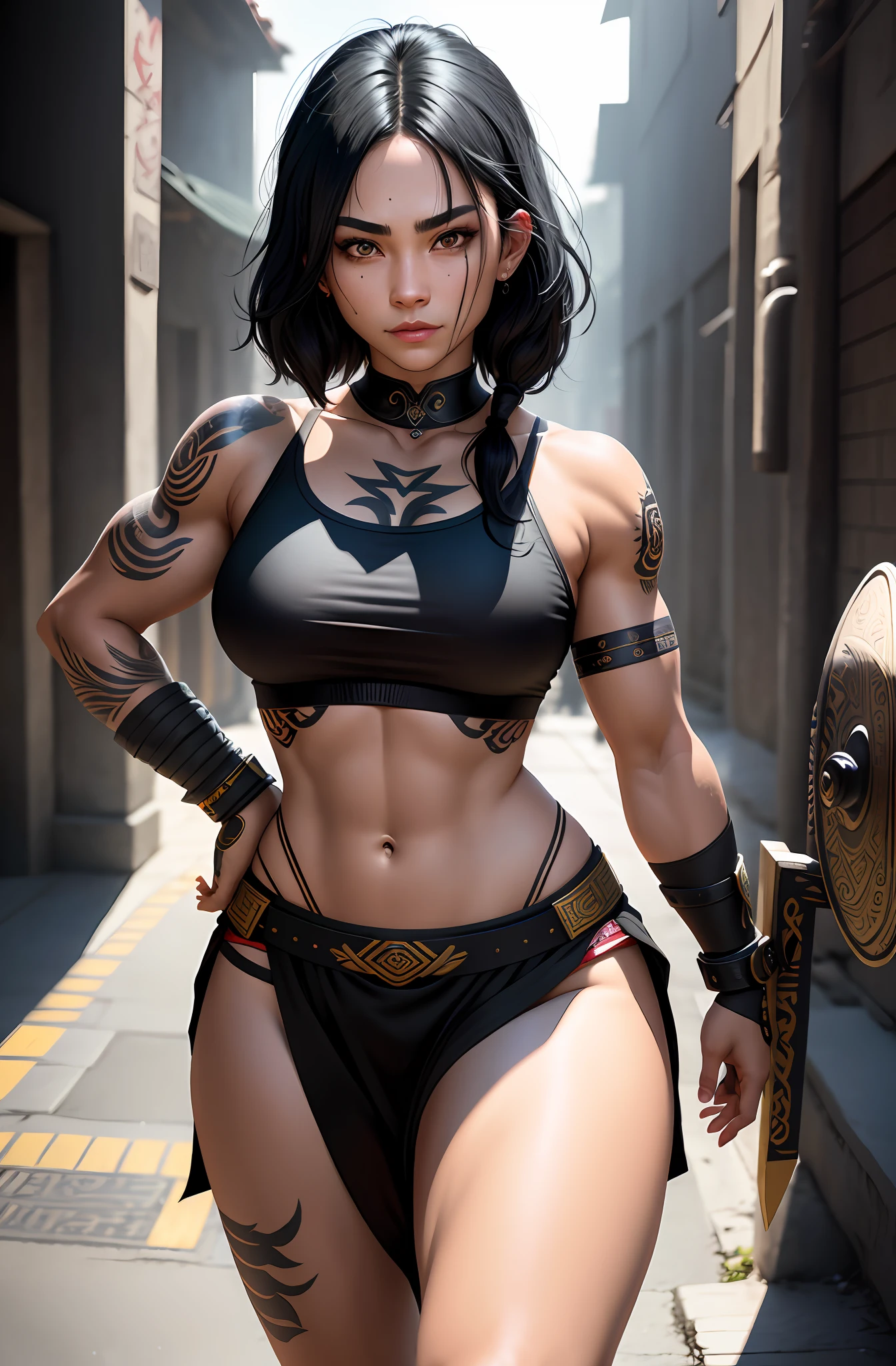 black hair, TATTOOS, muscualr, naughty face, mole under eye, age female, happy, warriors, Female Martial God, first-person view, panorama, 8k, super detail, super detail, textured skin