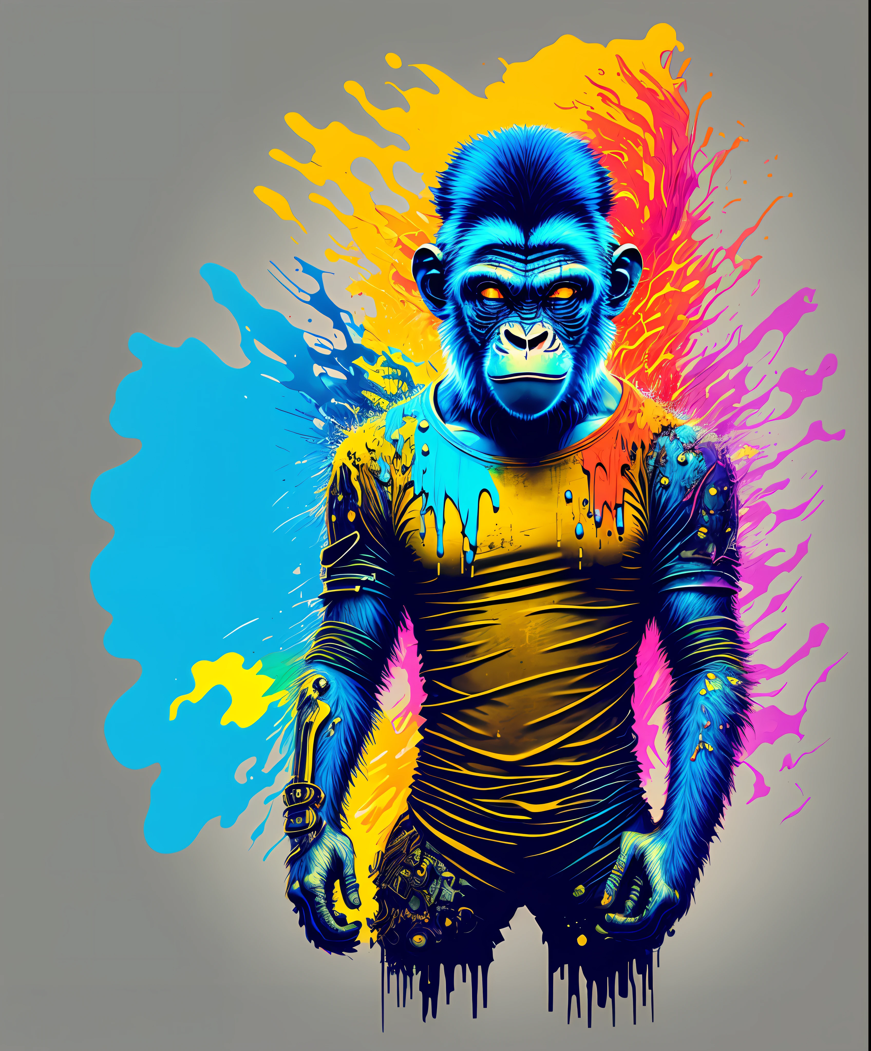 (a portrait of Cyberpunk Monkey with colored fluid), T-shirt logo in conical thin outline style, spelling vision, art in (empty background:1.4)hyper realistic