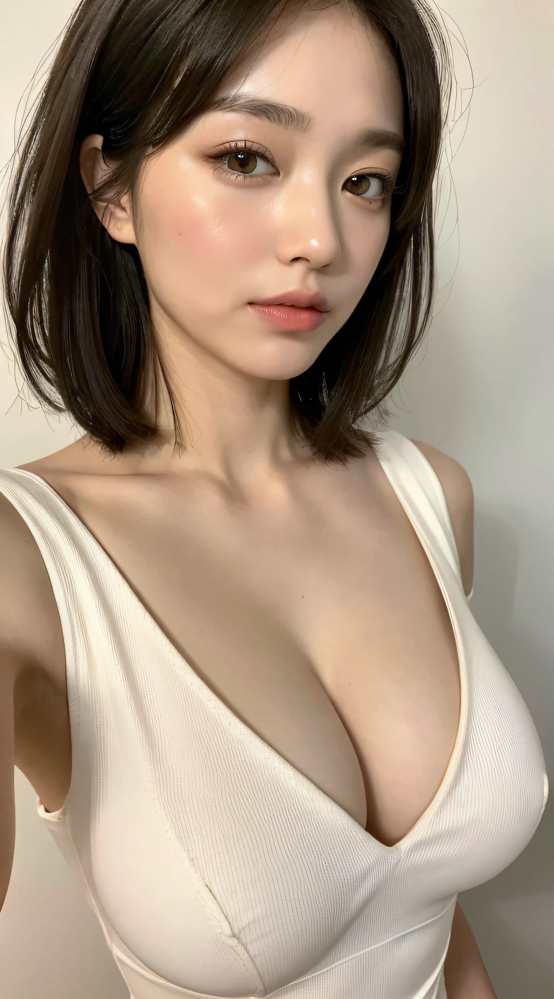 ((top quality, 8k, masterpiece: 1.3)), Sharp Focus: 1.2, Beautiful woman with perfect body: 1.4, Slim abdomen: 1.2, ((Layered haircut, big: 1.2)), (No bra) (Elegant dress with short sleeves: 1.1), (White background: 1.2), highly detailed face and skin texture, Detailed eyes, double eyelids, white skin, sexy, exposed shoulders, cleavage, Japan hostess woman