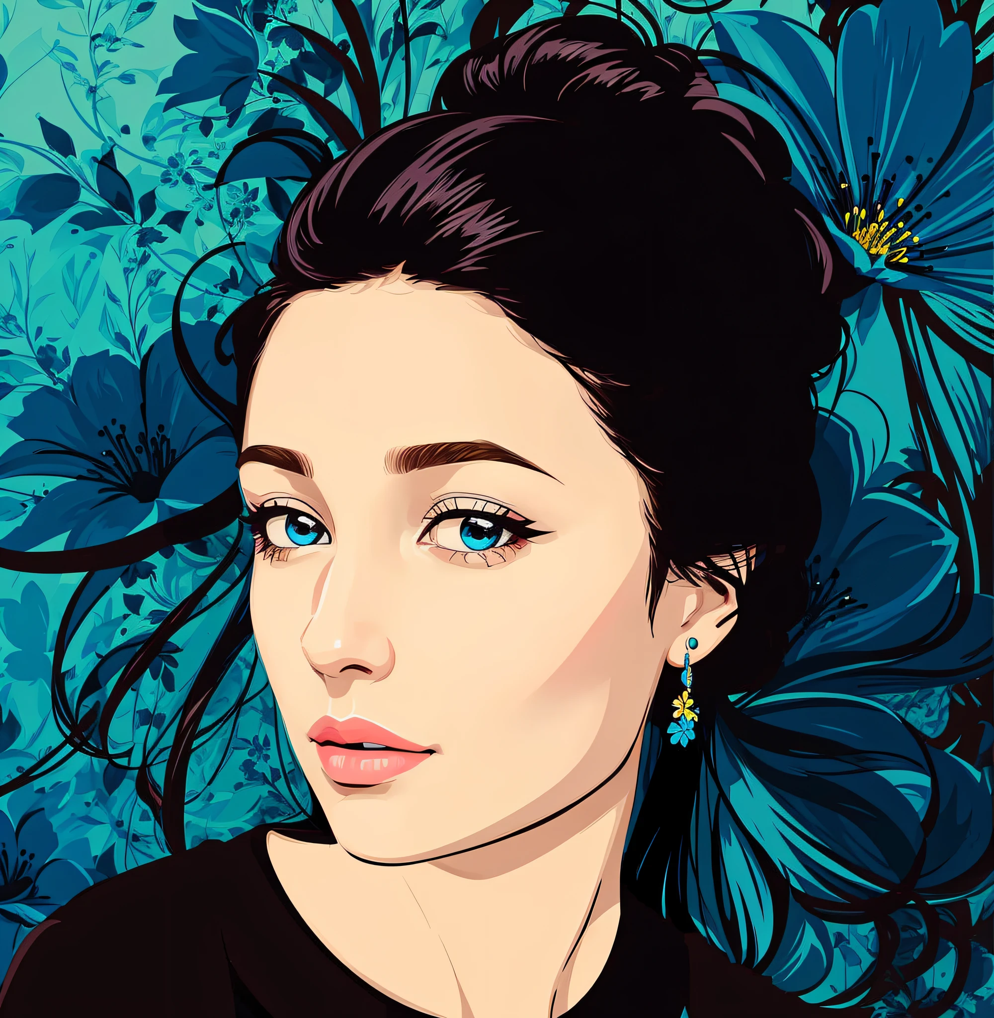 there is a woman with a flowered background and a blue flower, in style of digital illustration, digital art portrait, vector art style, digital illustration portrait, vector style drawing, portrait digital art, digital portrait, digital art picture, vector art, detailed color portrait, detailed vectorart, digital cartoon painting art, highly detailed vector art, digital art illustration