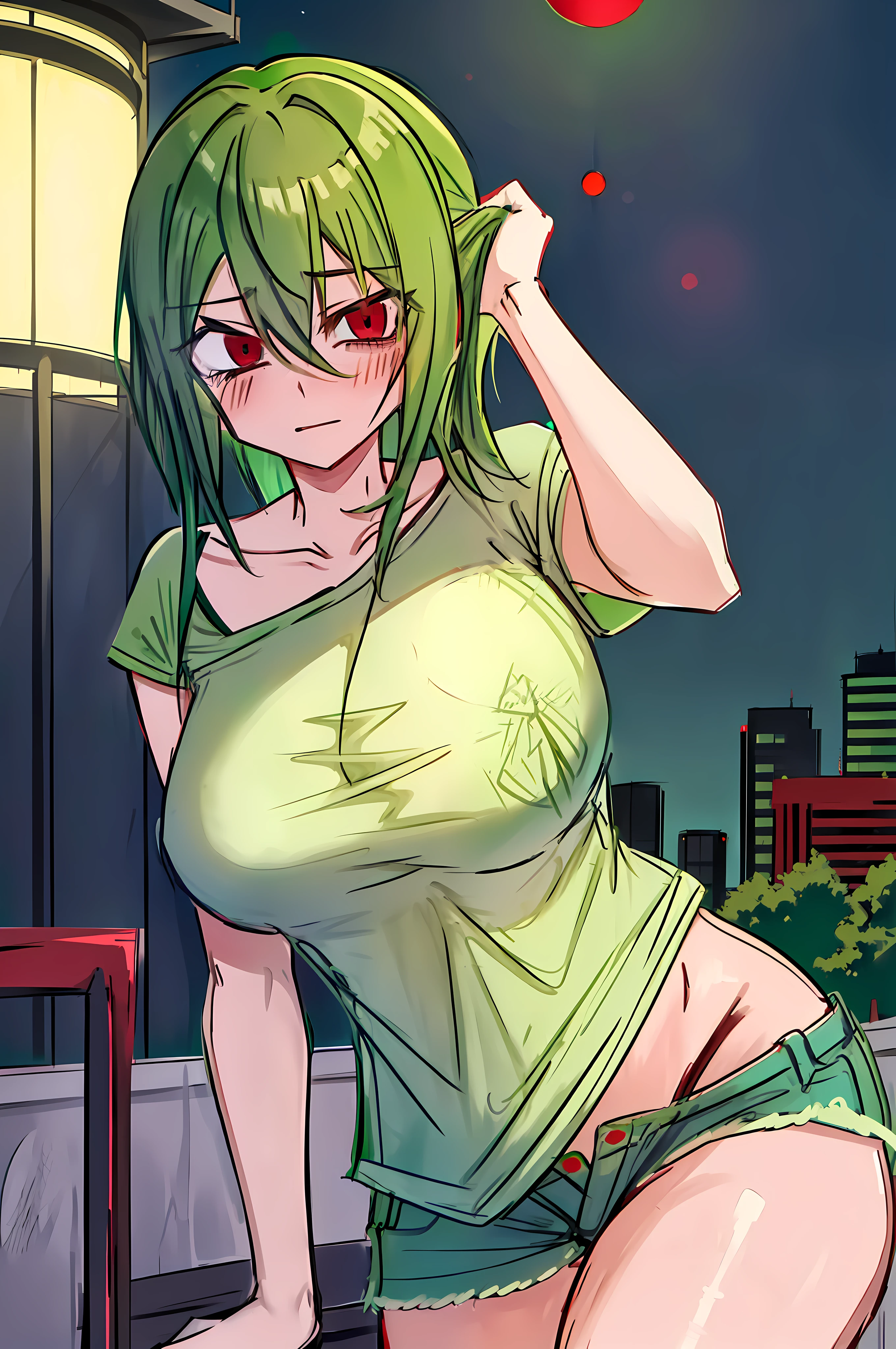 YuukaKazami, red_eyes, green_hair,
((((green t-shirt)))), ((half-jean)), (((night))),high-rise building,